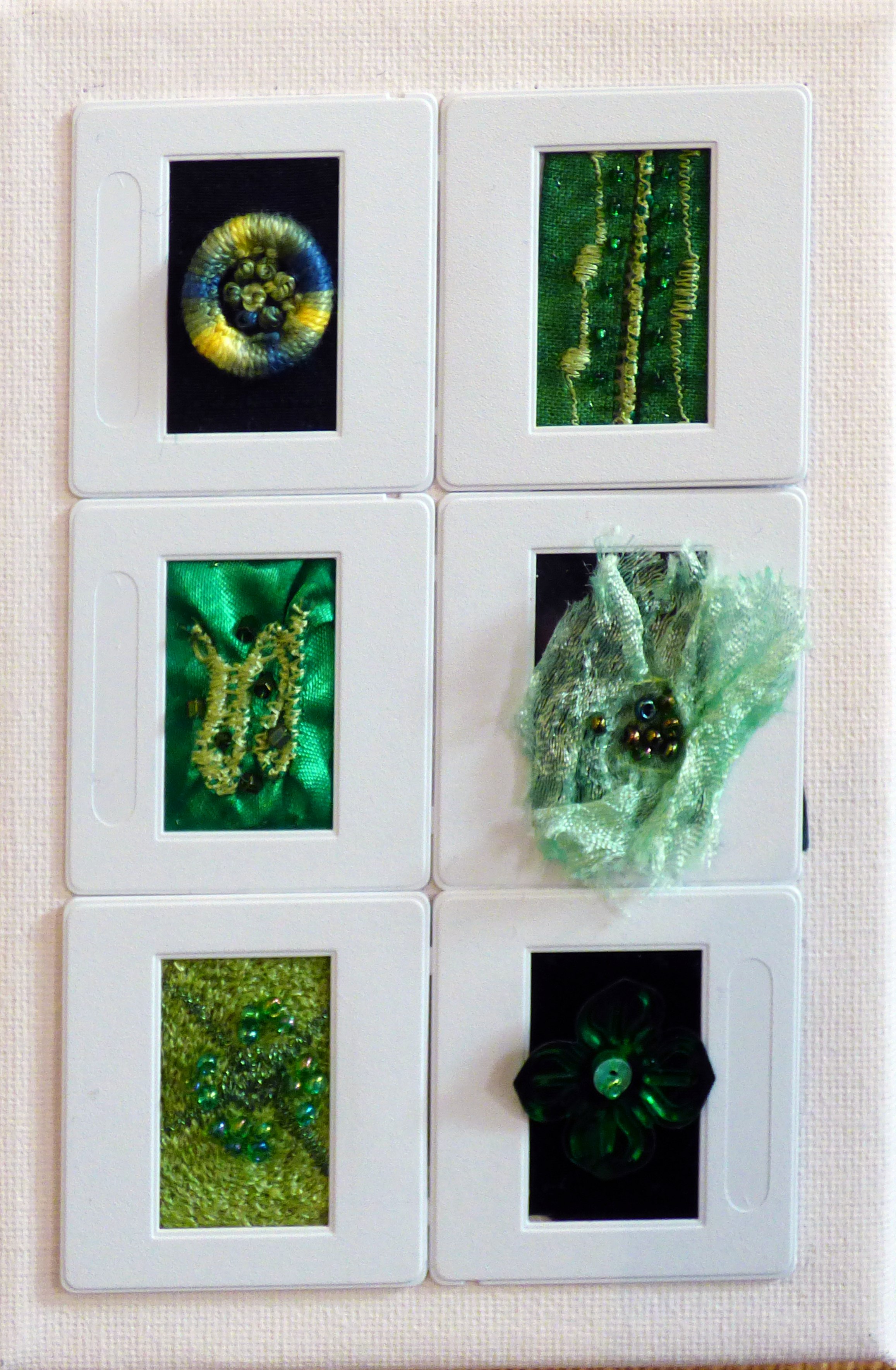 GREEN by Norma Balaam, trapped coloured fabrics and stitch, Preston Threads 2016