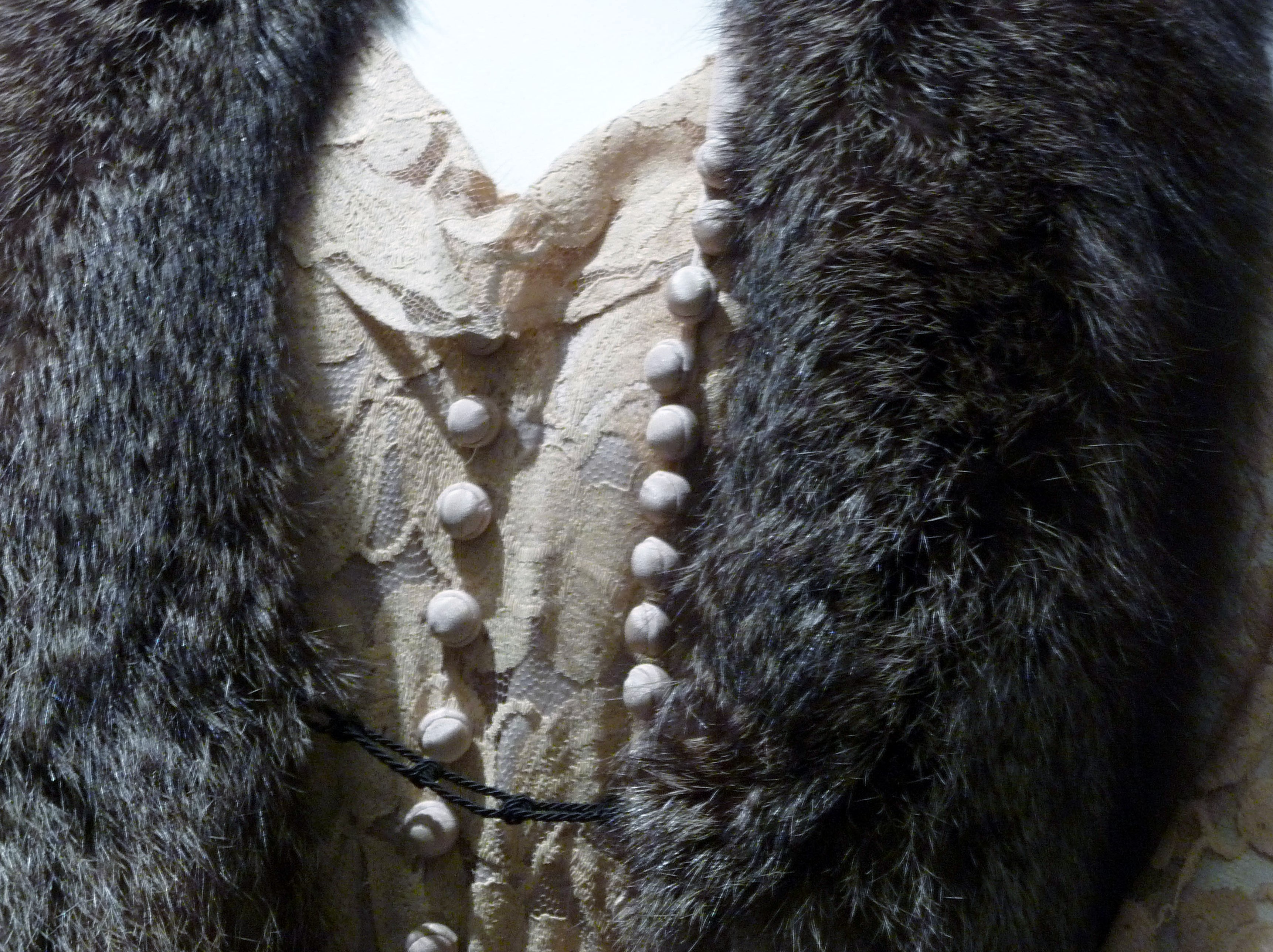 detail of Afternoon dress & matching coatee, cotton lace & dyed fox fur, 1933. Double stole, silver fox fur & silk-velvet, 1930-35