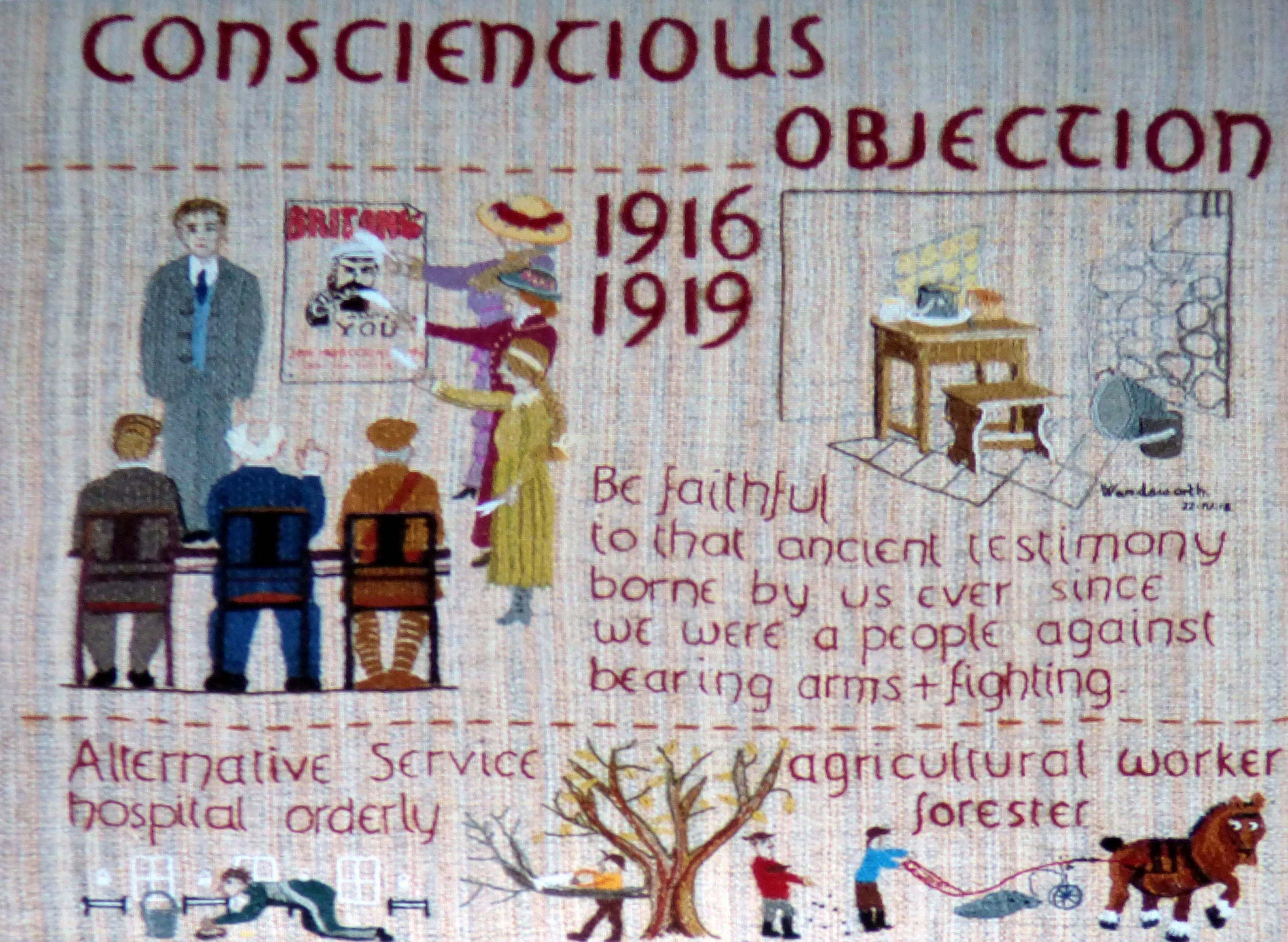 slide showing a panel from the Quaker Tapestry