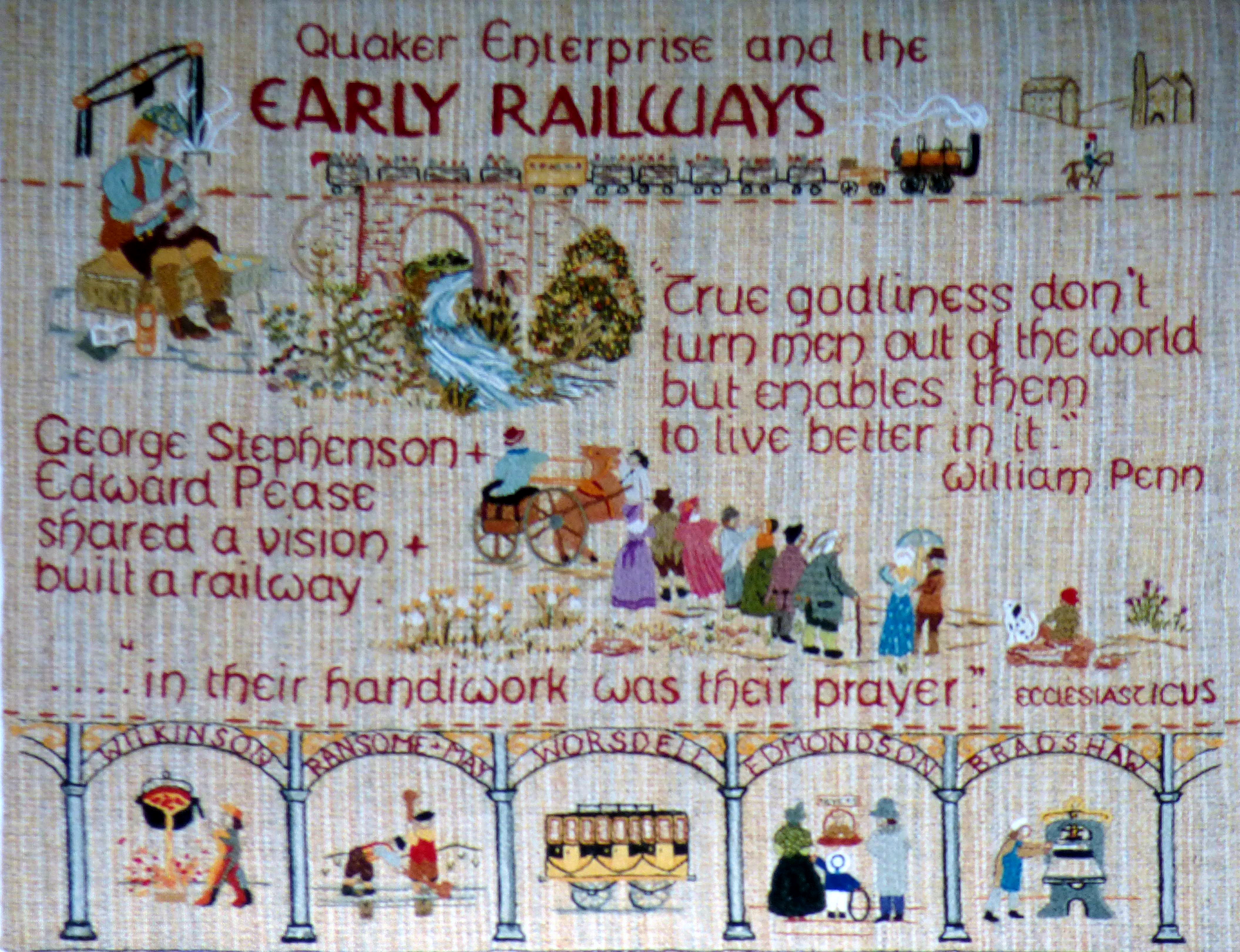 slide showing a panel from the Quaker Tapestry