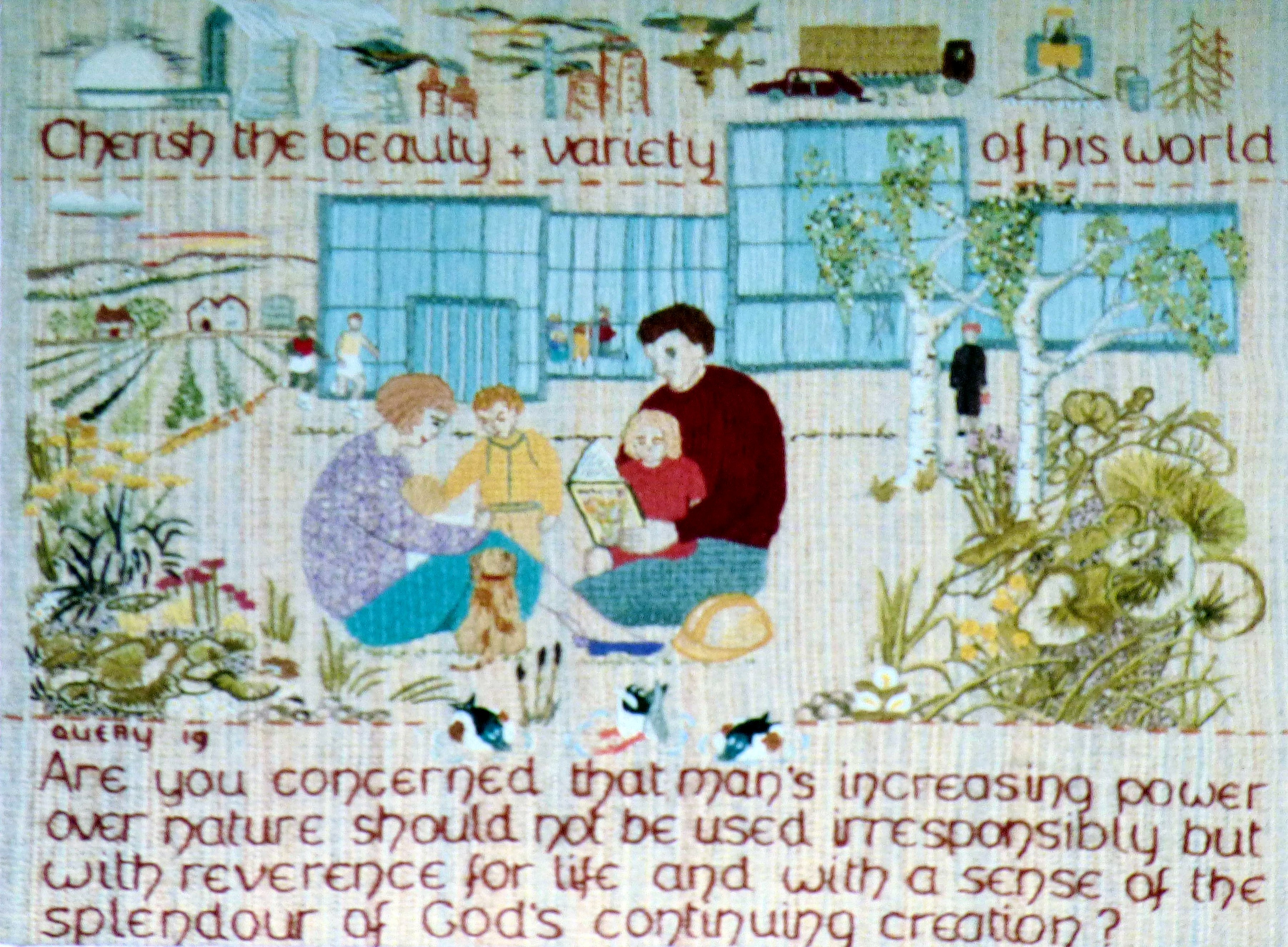 slide showing a panel from the Quaker Tapestry