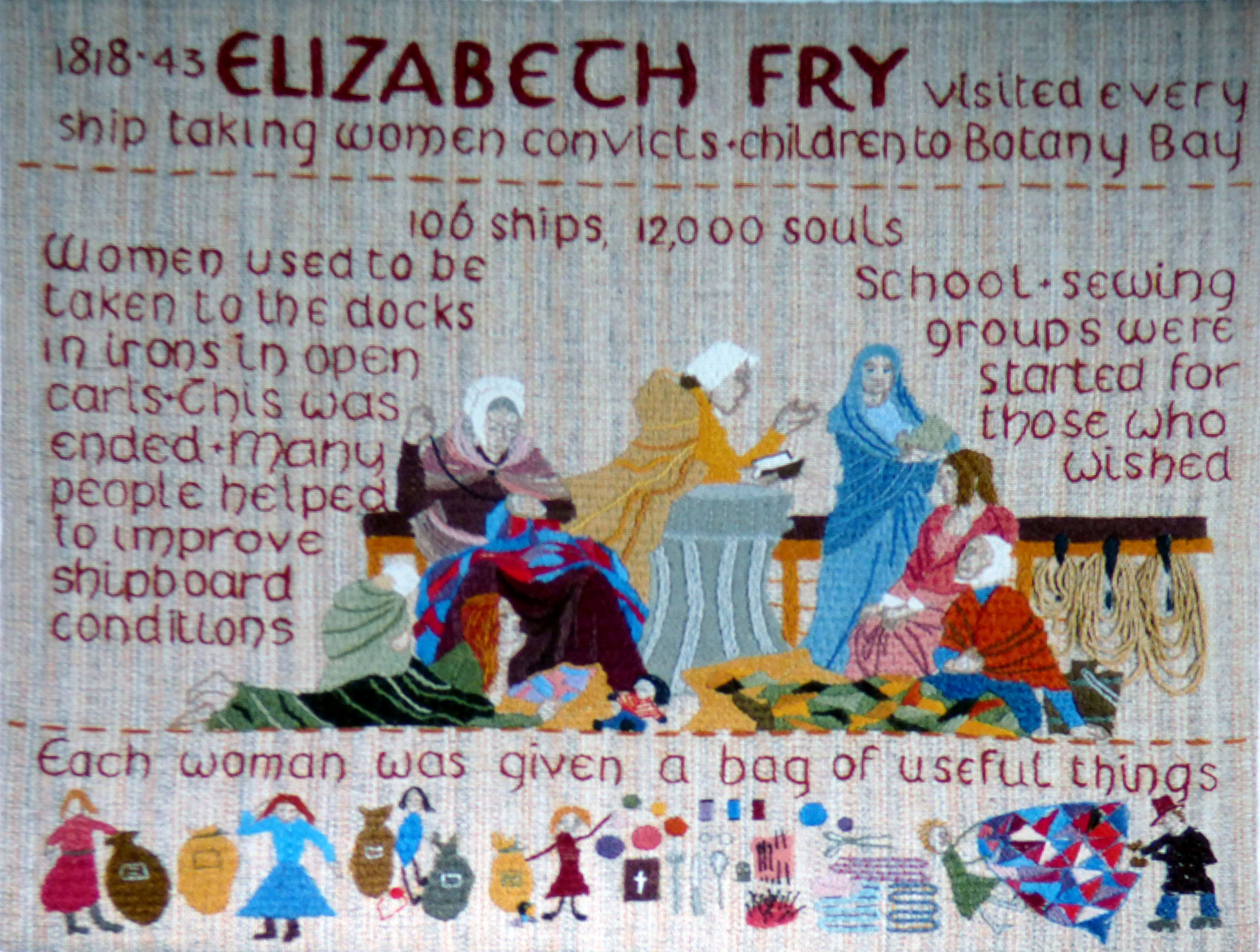 slide showing a panel from the Quaker Tapestry