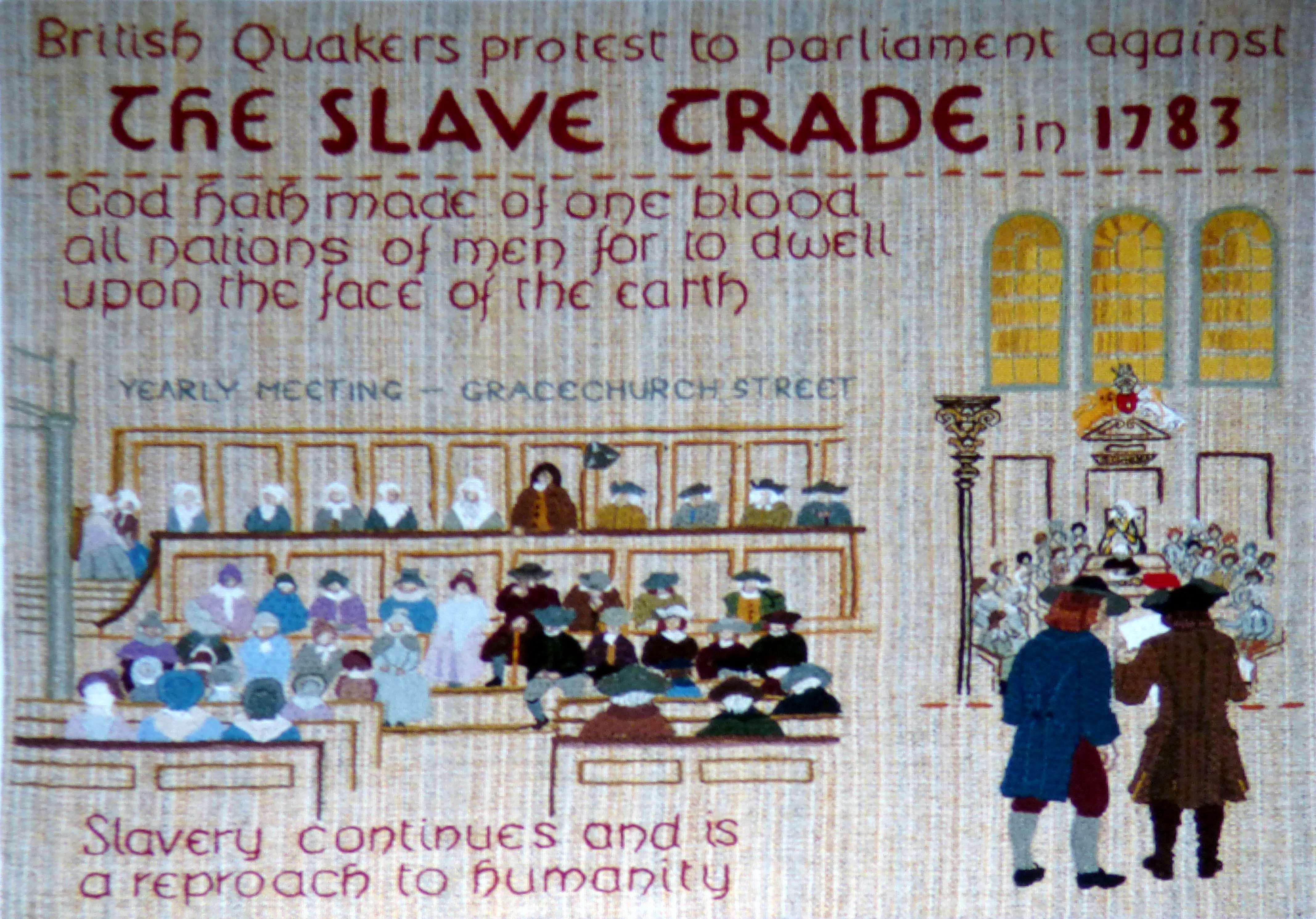 slide showing a panel from the Quaker Tapestry
