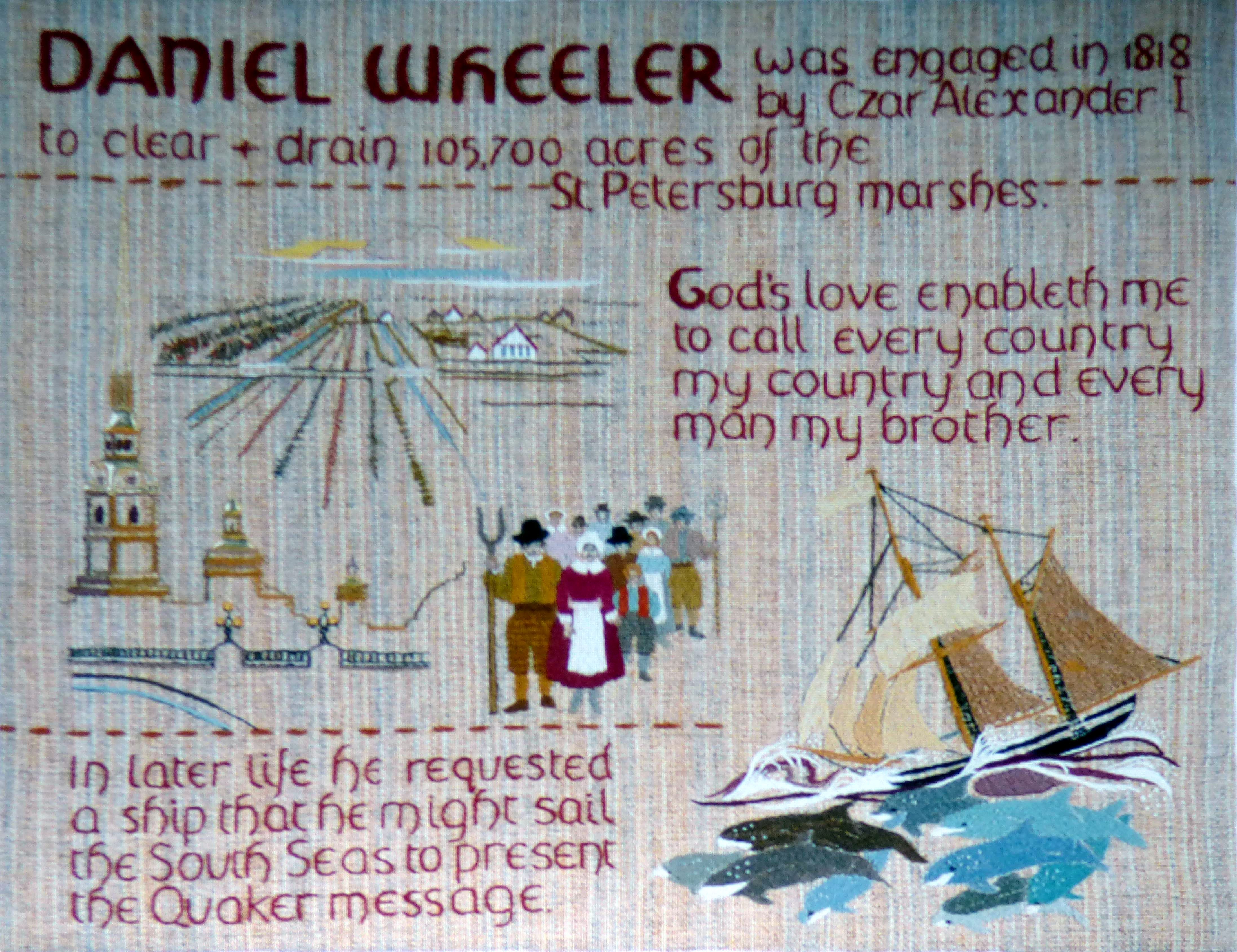 slide showing a panel from the Quaker Tapestry