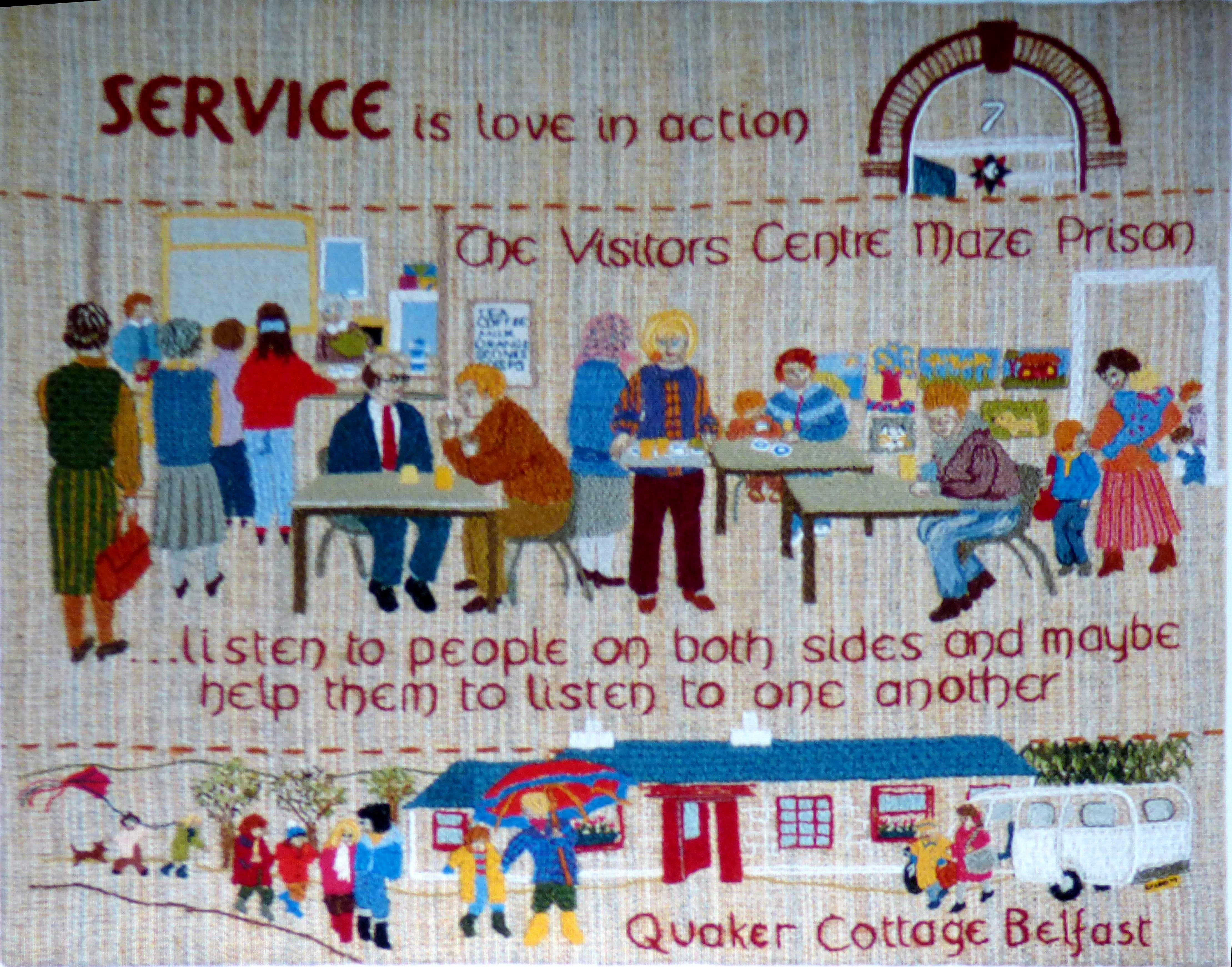 slide showing a panel from the Quaker Tapestry