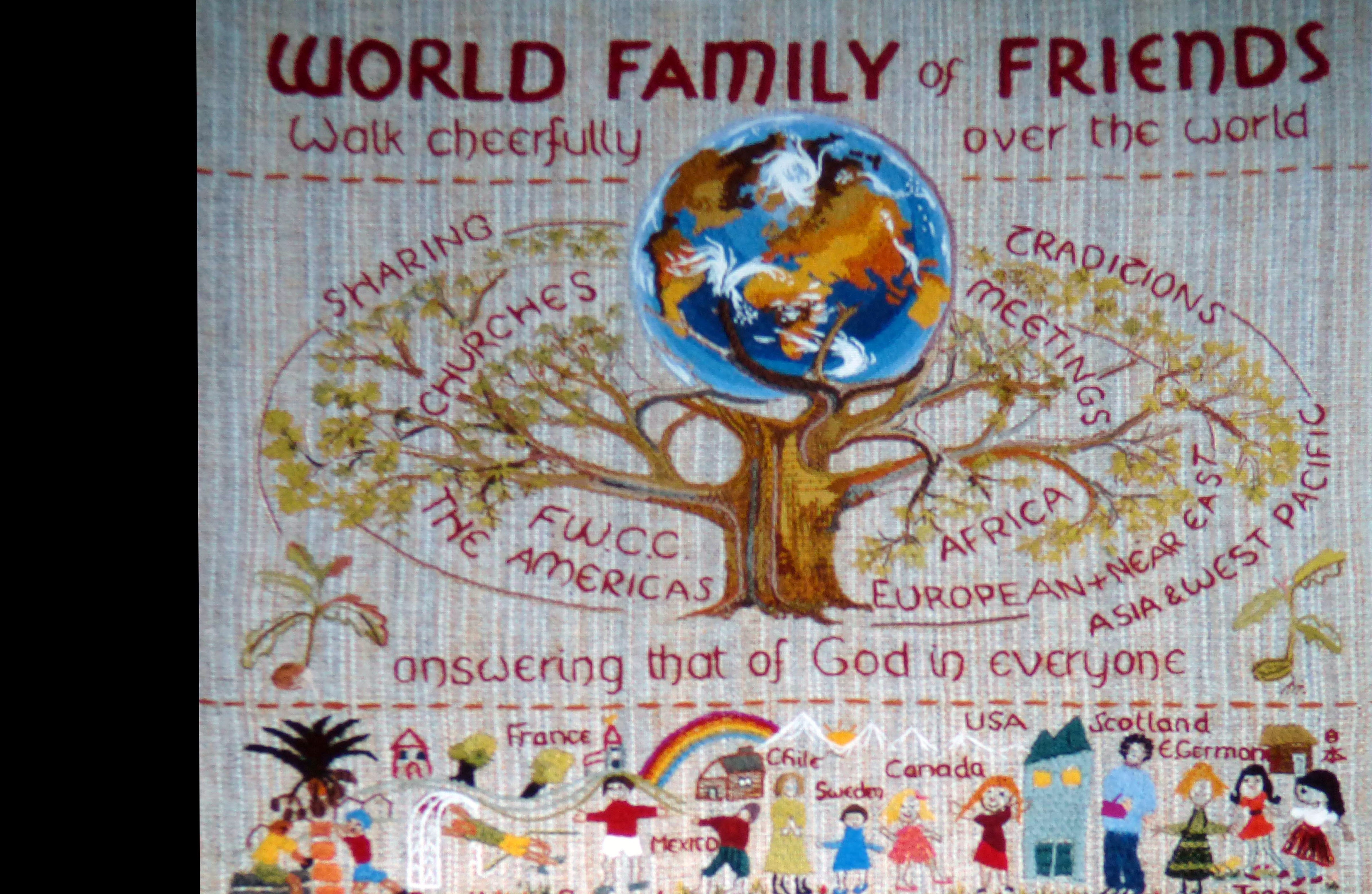 slide showing a panel from the Quaker Tapestry