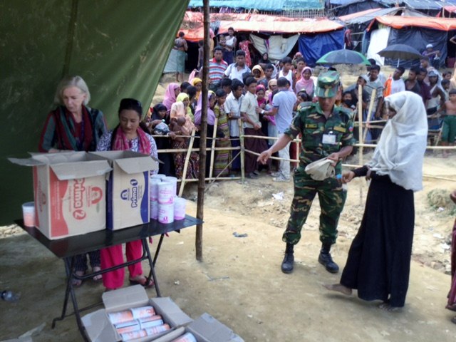 Pat Kerr with food distribution at the refugee camp at Cox's Bazar, Bangladesh