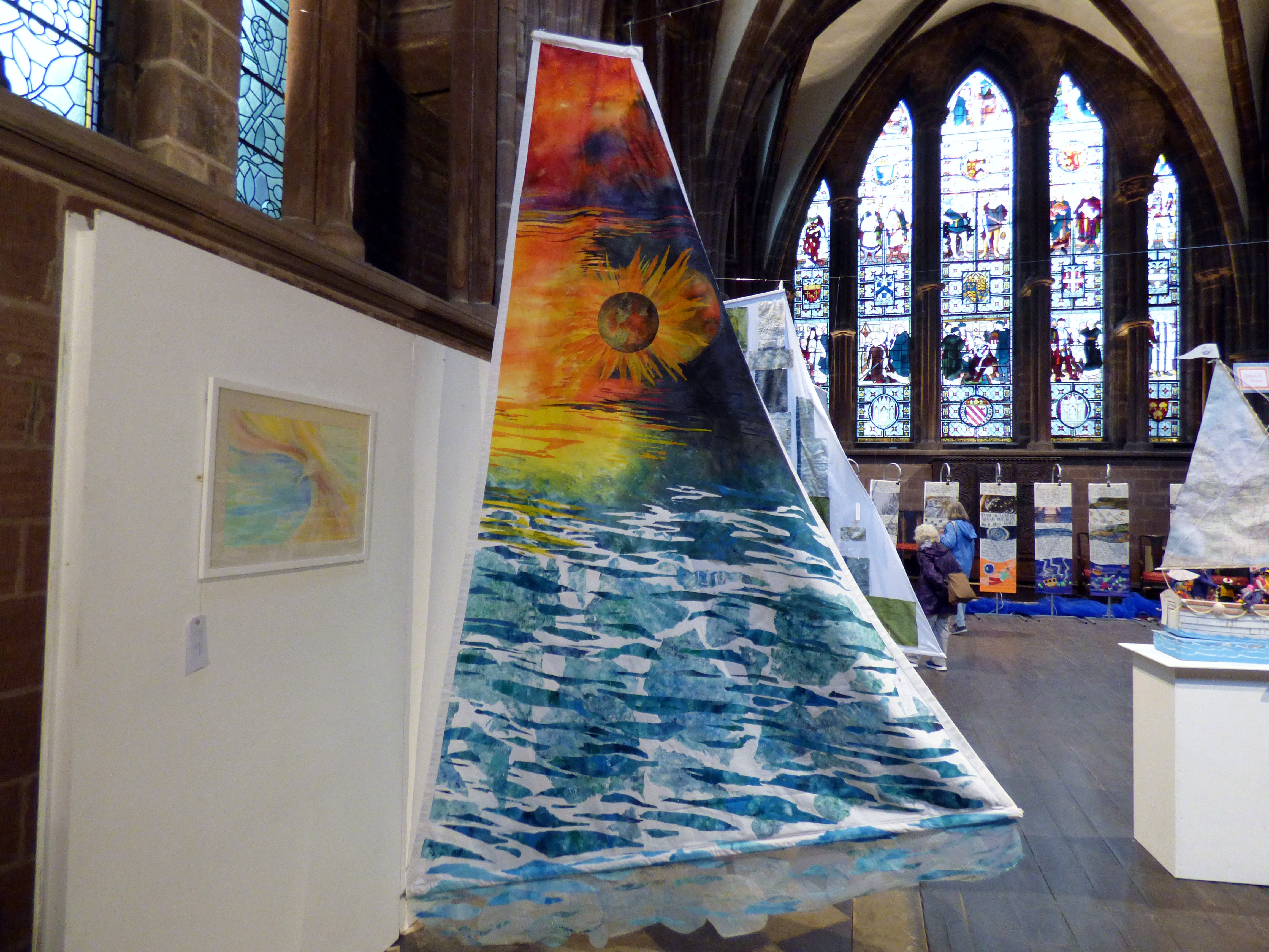 ON THE EDGE OF A NEW BEGINNING by Susan Darby, machine stitched chiffon and organza, mixed media, Textile 21, Chester cathedral 2019