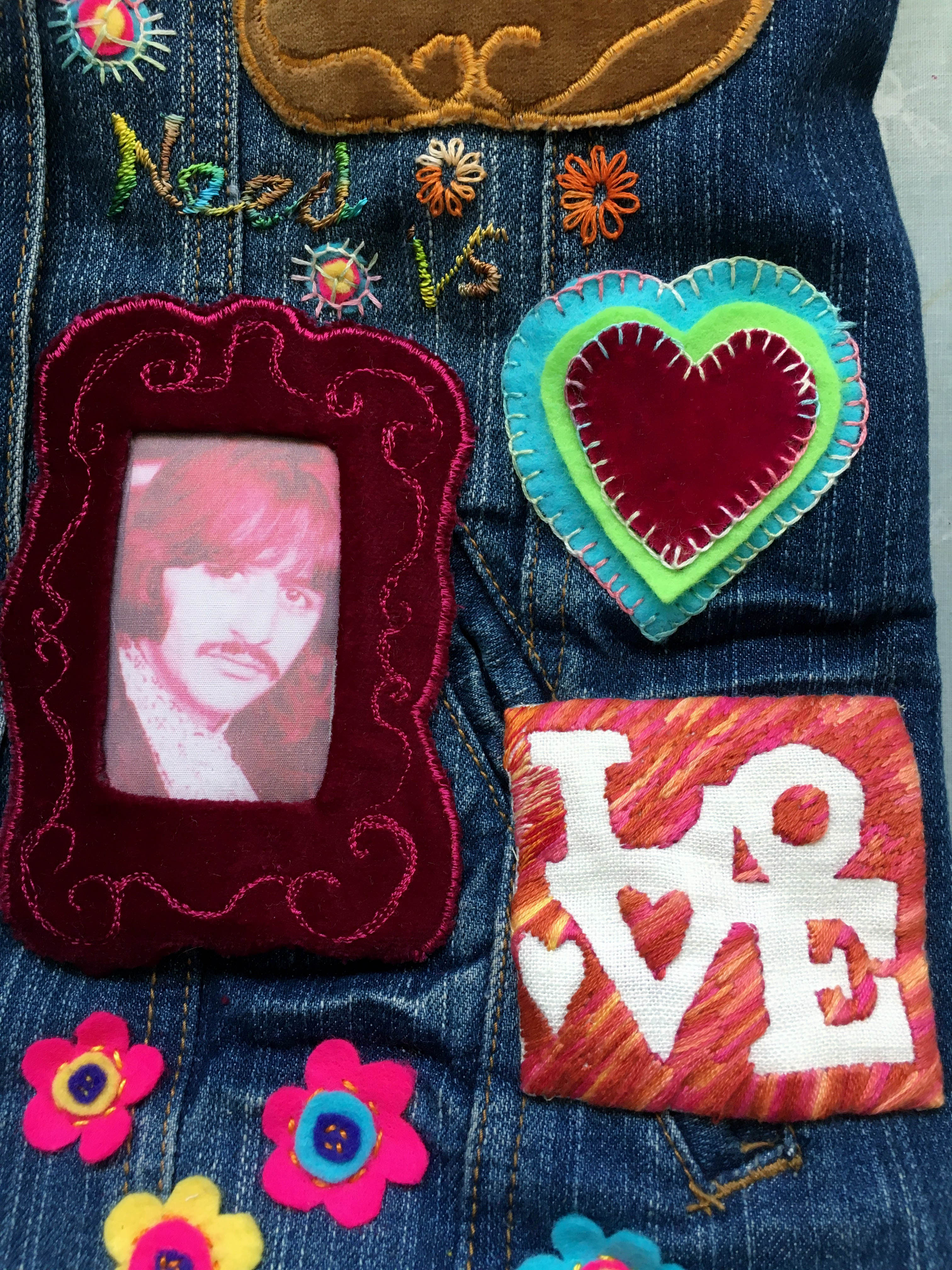 (detail) A NOD TO PETER BLAKE by Brenda Brown, Bolton branch, repurposed denim jacket with hand stitching , free machine work and appliqué