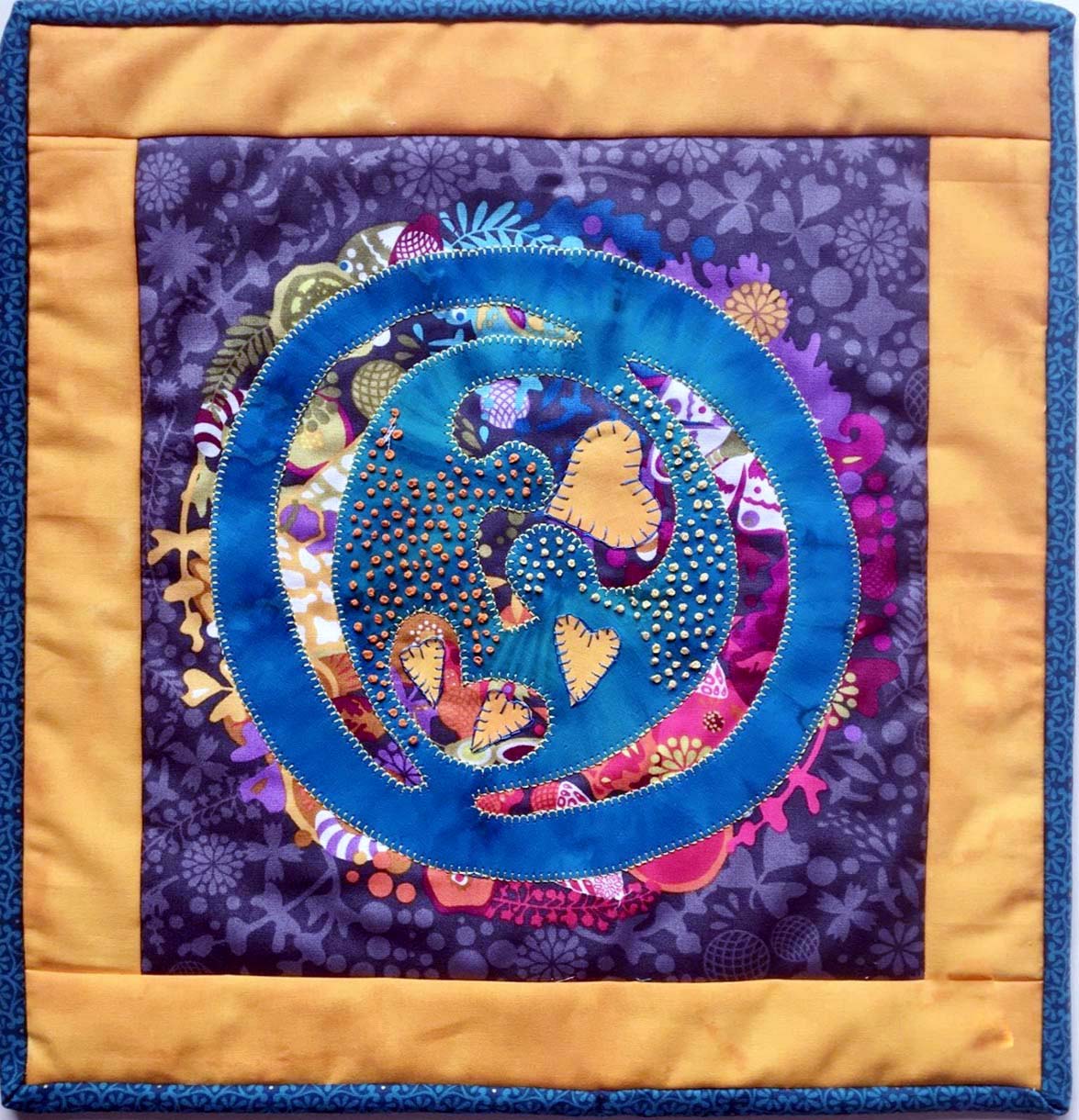 CONNECTION by Diane Moore, Merseyside branch, art quilt with hand and machine embroidery, applique, Rose Bowl competition 2021