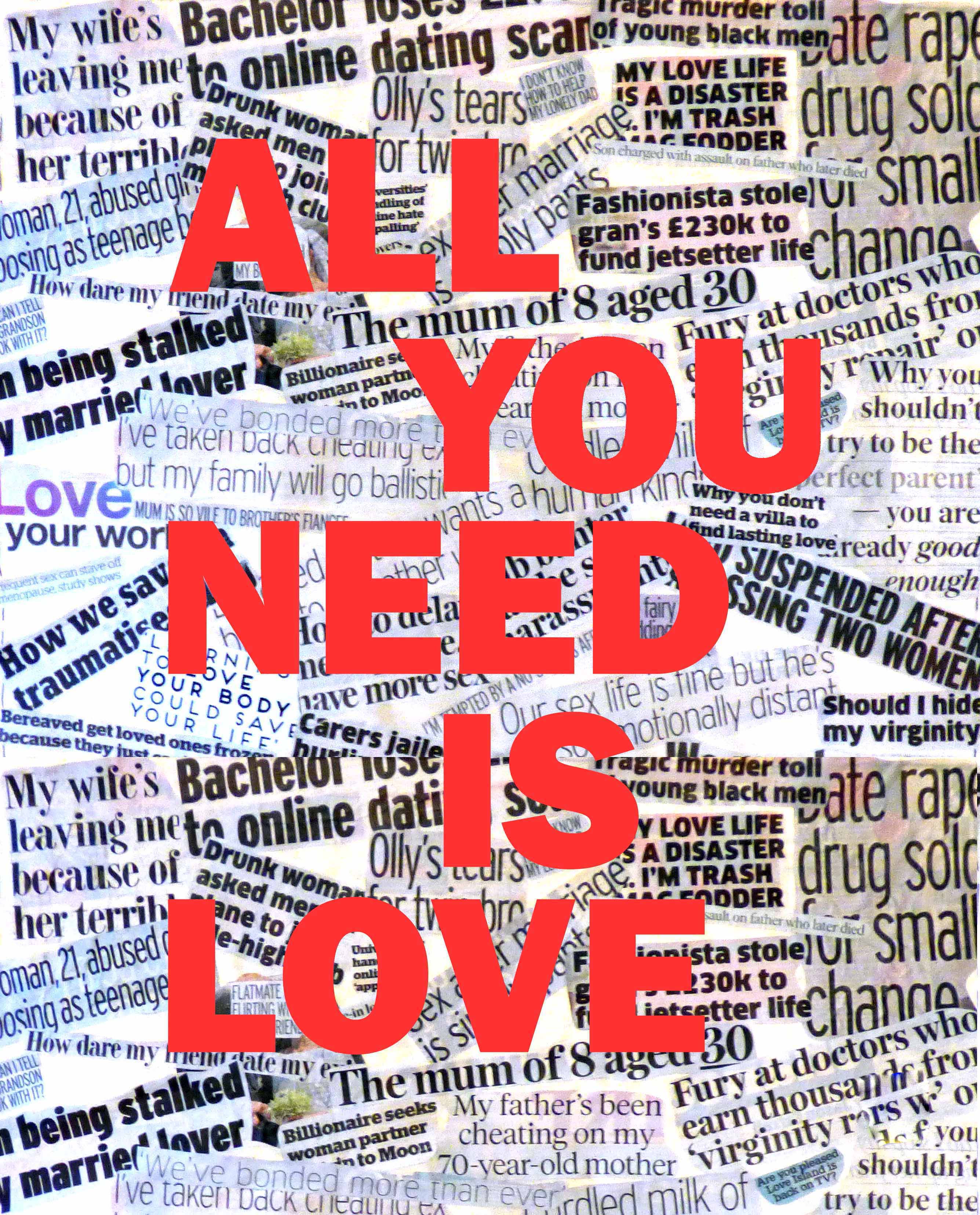 ALL YOU NEED IS LOVE by Hilary McCormack, Merseyside branch, reverse applique on newsprint and textile, Rose Bowl competition 2021