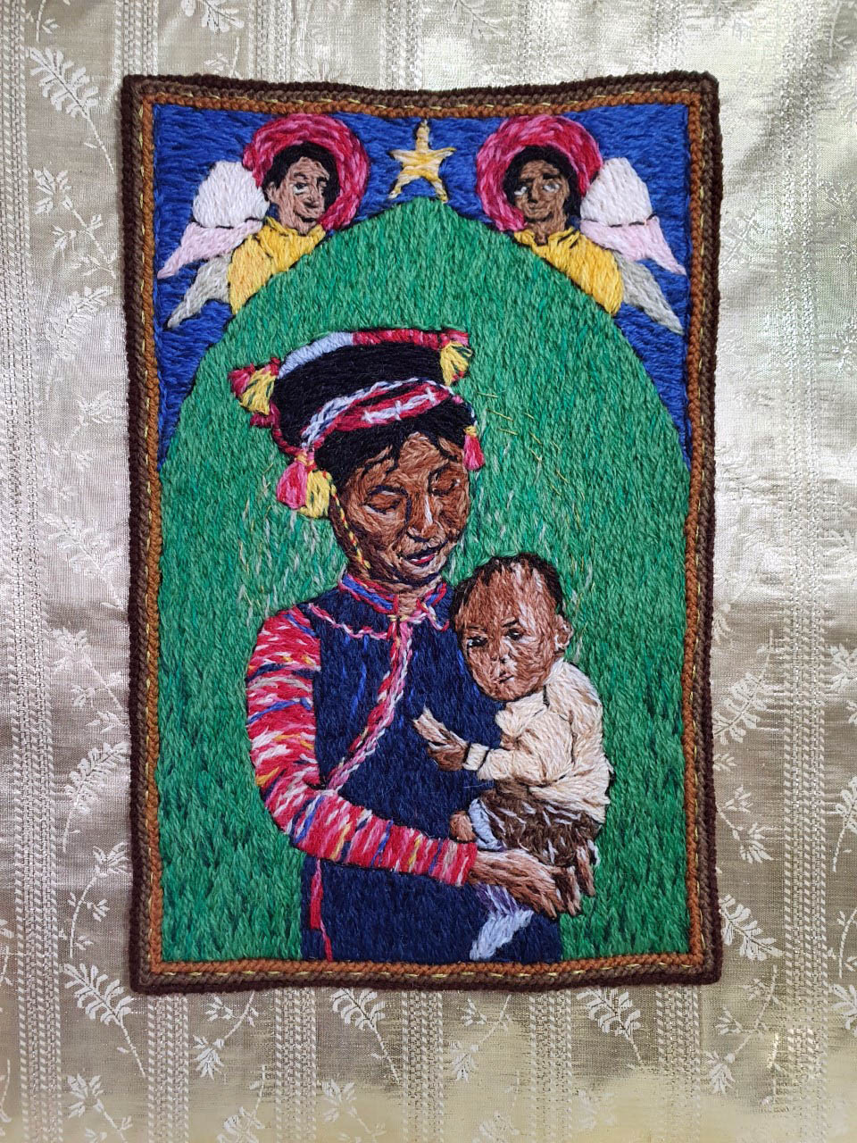 MADONNA AND CHILD by Jane Rylands, Cheshire Borders branch,  freestyle crewel embroidery, hand stitch on tapestry canvas, Rose Bowl competition 2021
