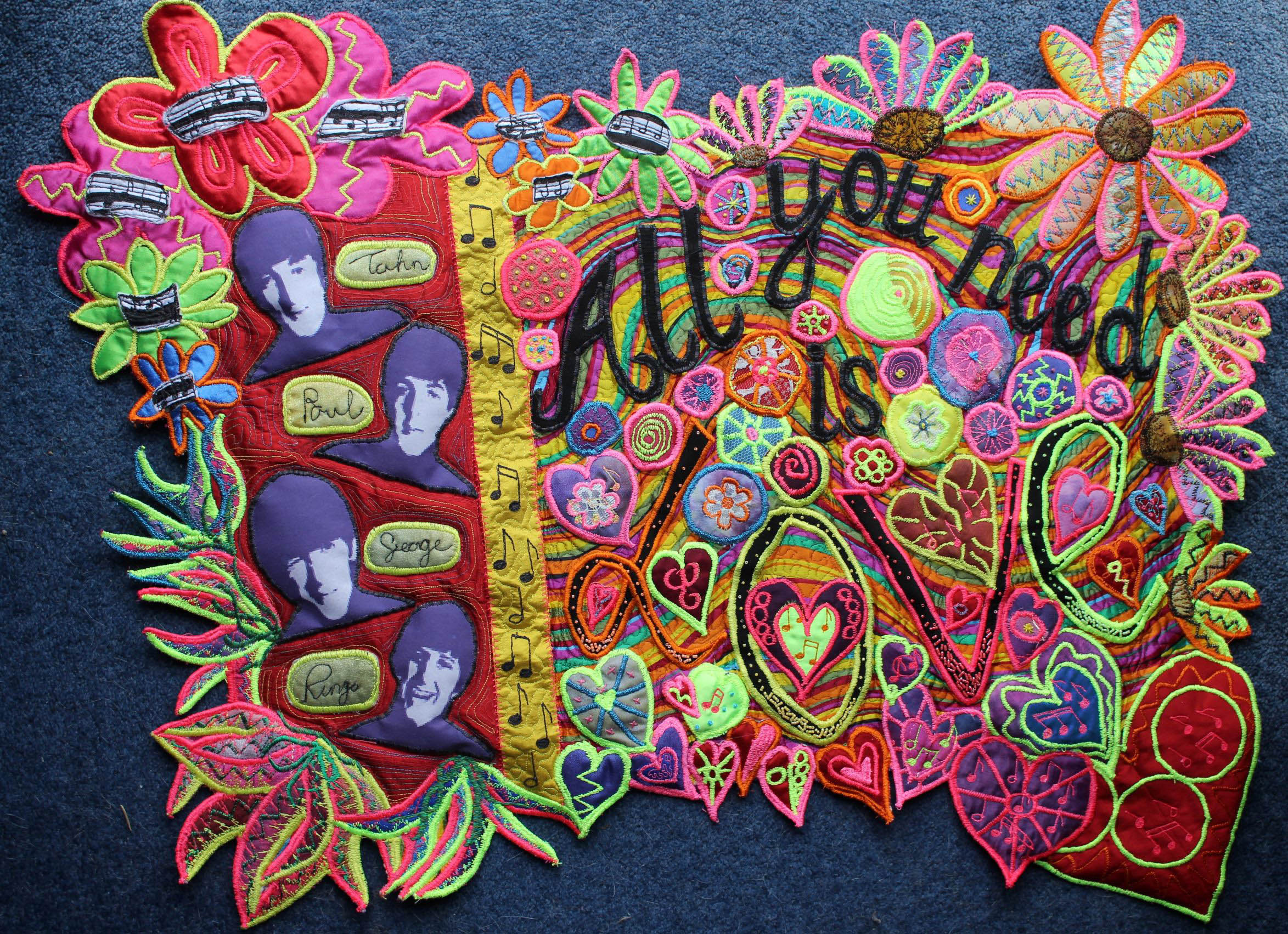 1st Prize Winner, PSYCHEDELIC LOVE by Sandra Kendal, North Lonsdale branch, computer printed photos with machine stitch and applique, Rose Bowl competition 2021
