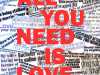 ALL YOU NEED IS LOVE by Hilary McCormack, Merseyside branch, reverse applique on newsprint and textile, Rose Bowl competition 2021