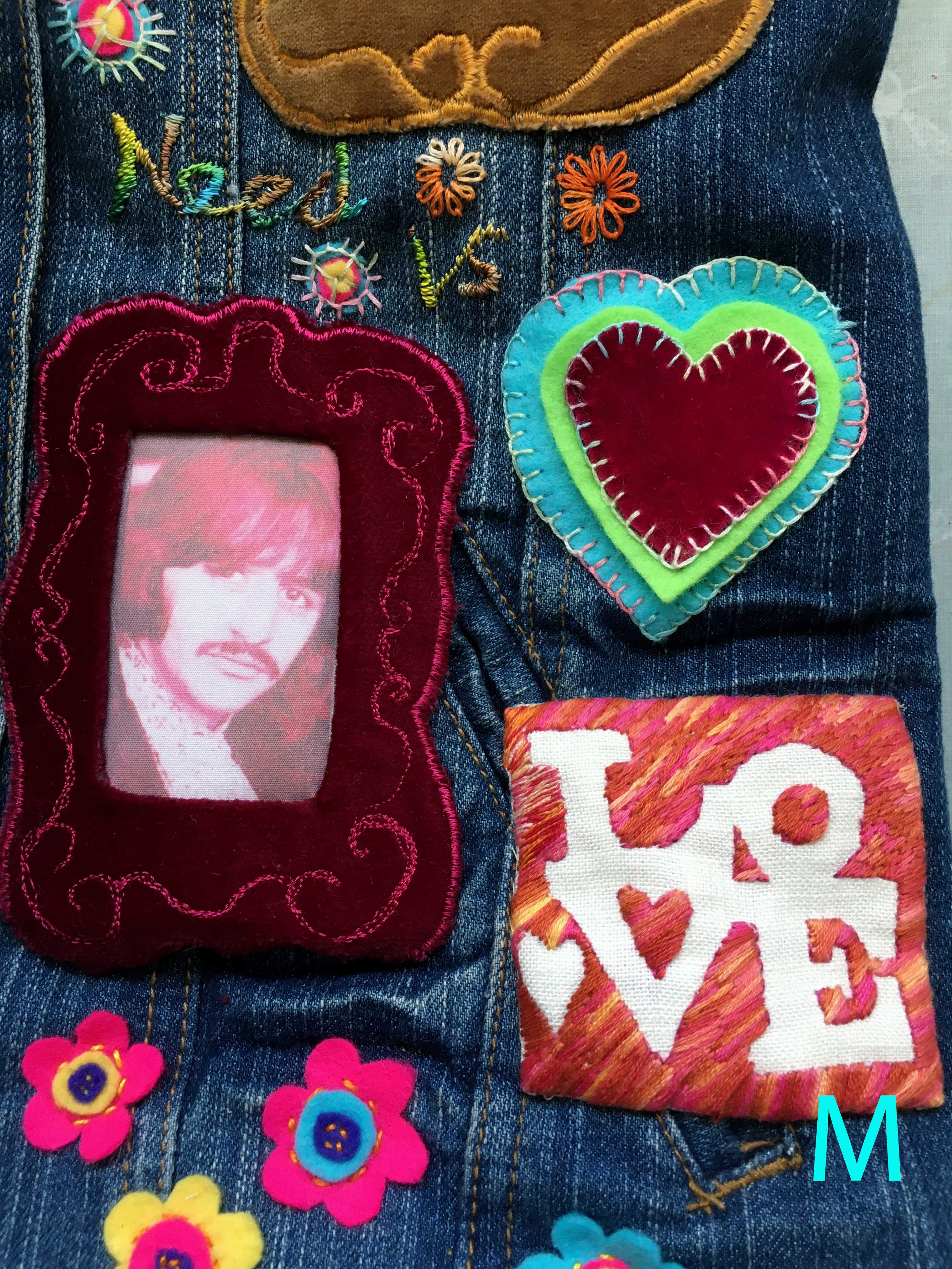 (detail) A NOD TO PETER BLAKE, repurposed denim jacket with hand stitching , free machine work and appliqué