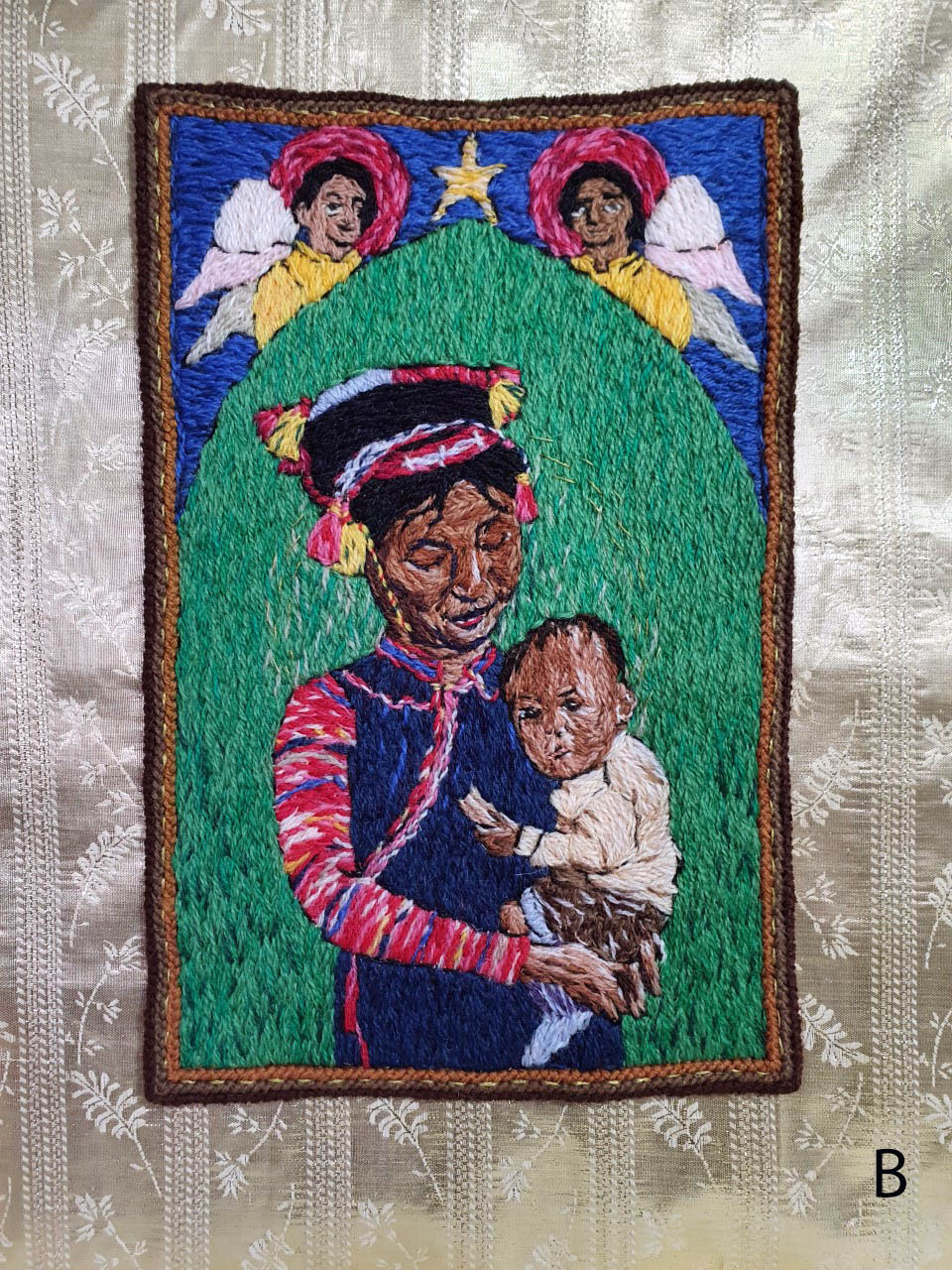 MADONNA AND CHILD, freestyle crewel embroidery, hand stitch on tapestry canvas, Rose Bowl competition 2021