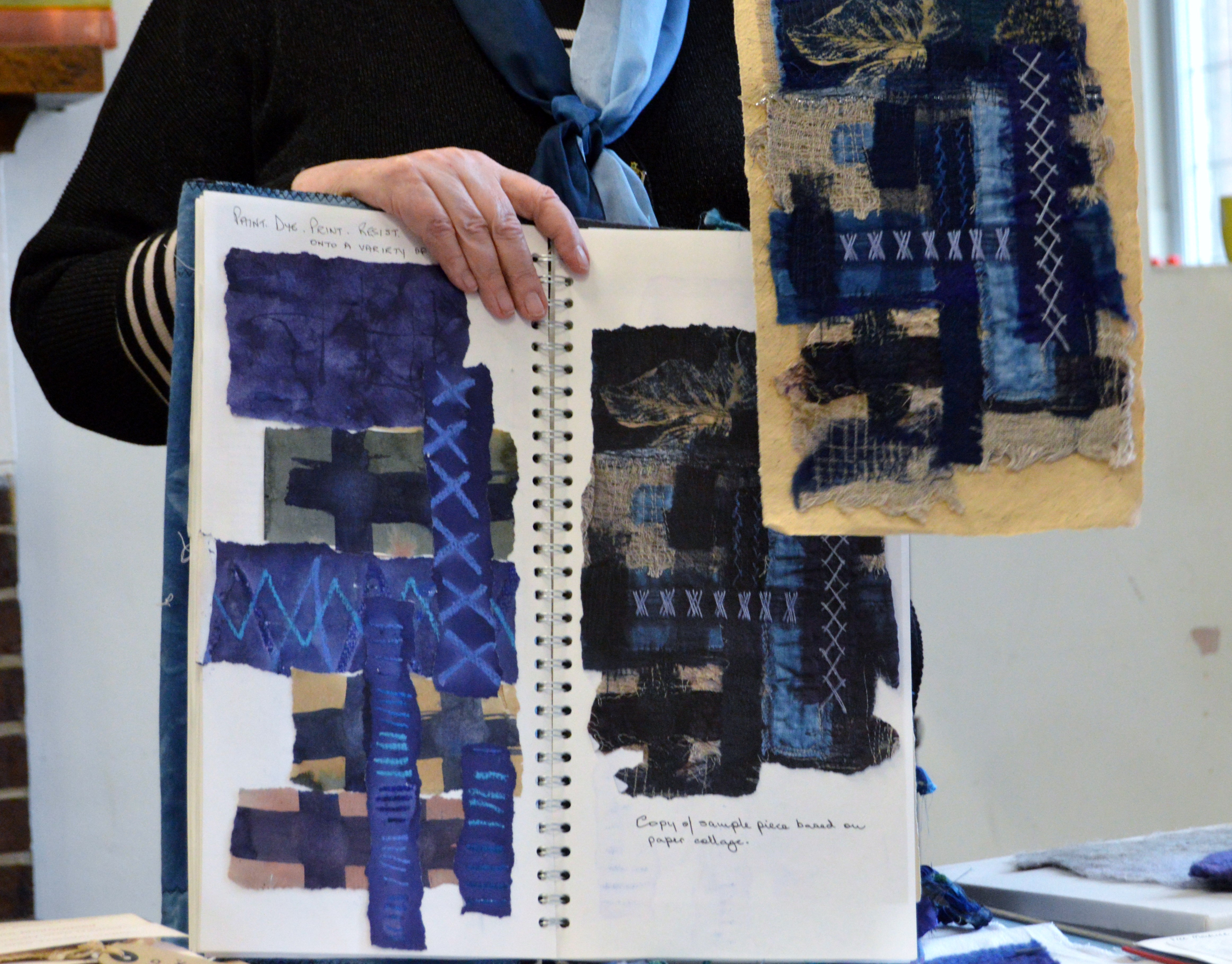 samples of work by Sandra Kedzlie for "Blue Threads" exhibition