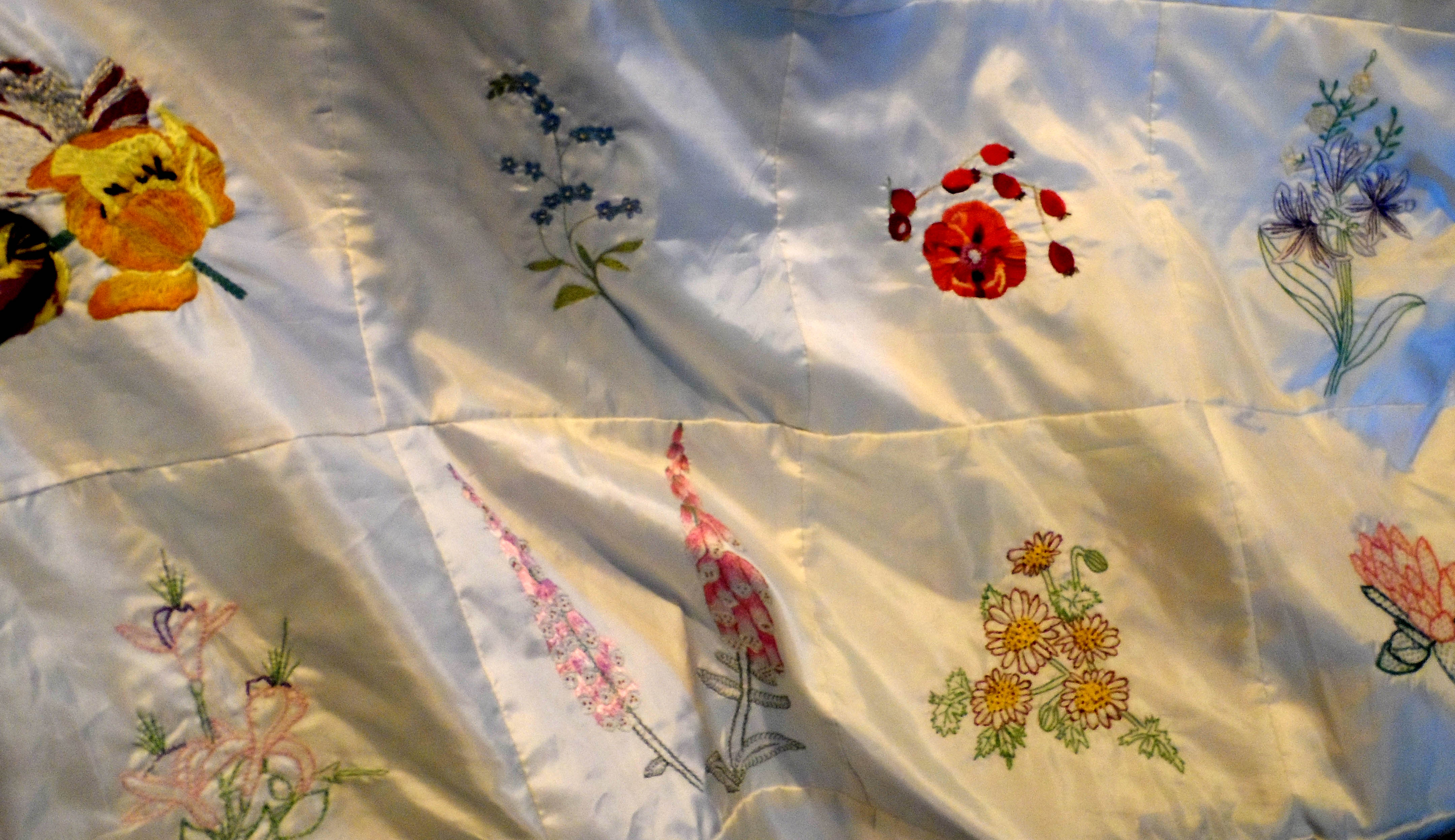detail of Ruby's latest Streepur hand embroidered silk quilt which will be raffled to aid the Sreepur funds
