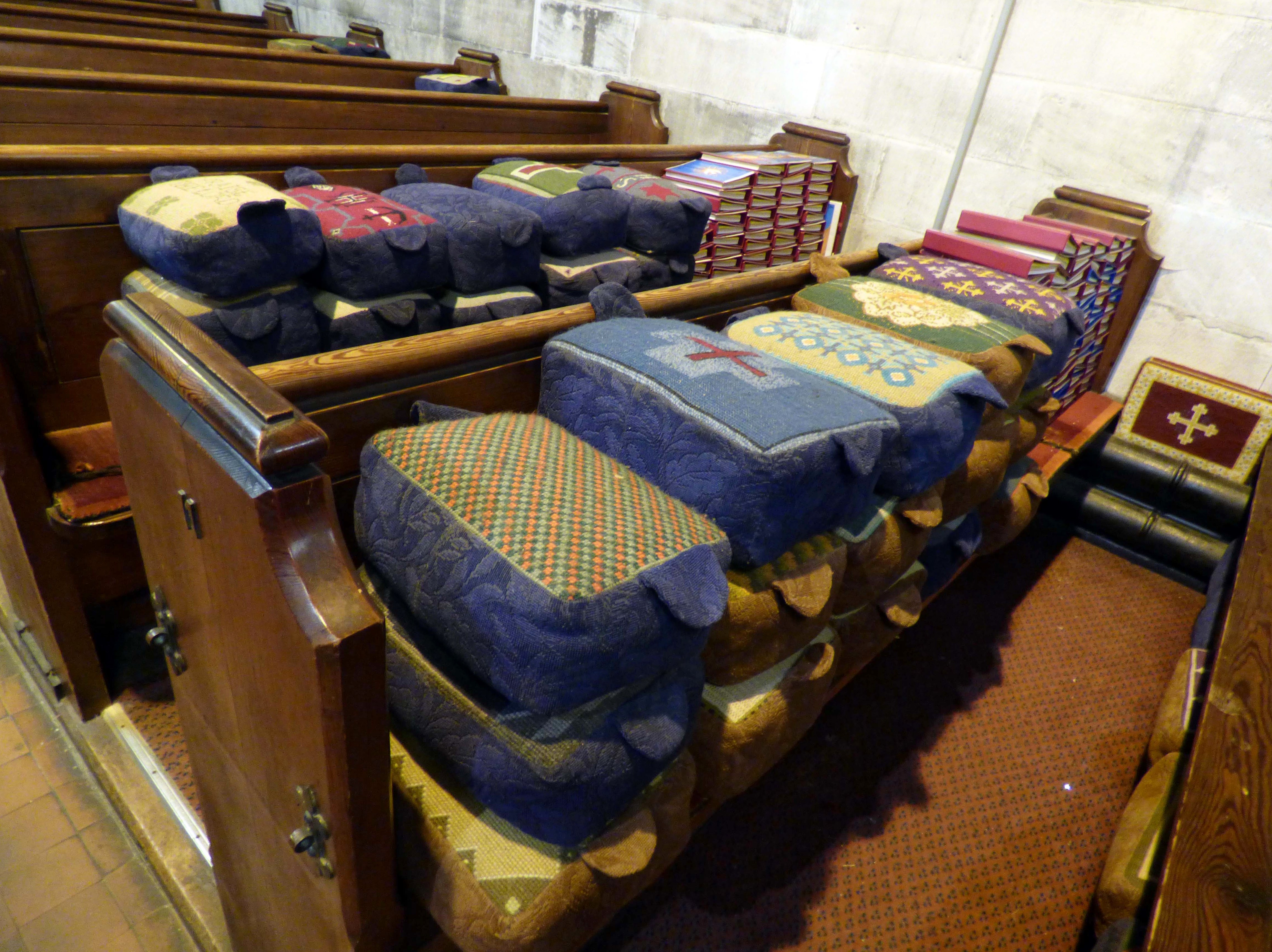 embroidered kneelers in All Hallows Church, Liverpool, Feb 2022