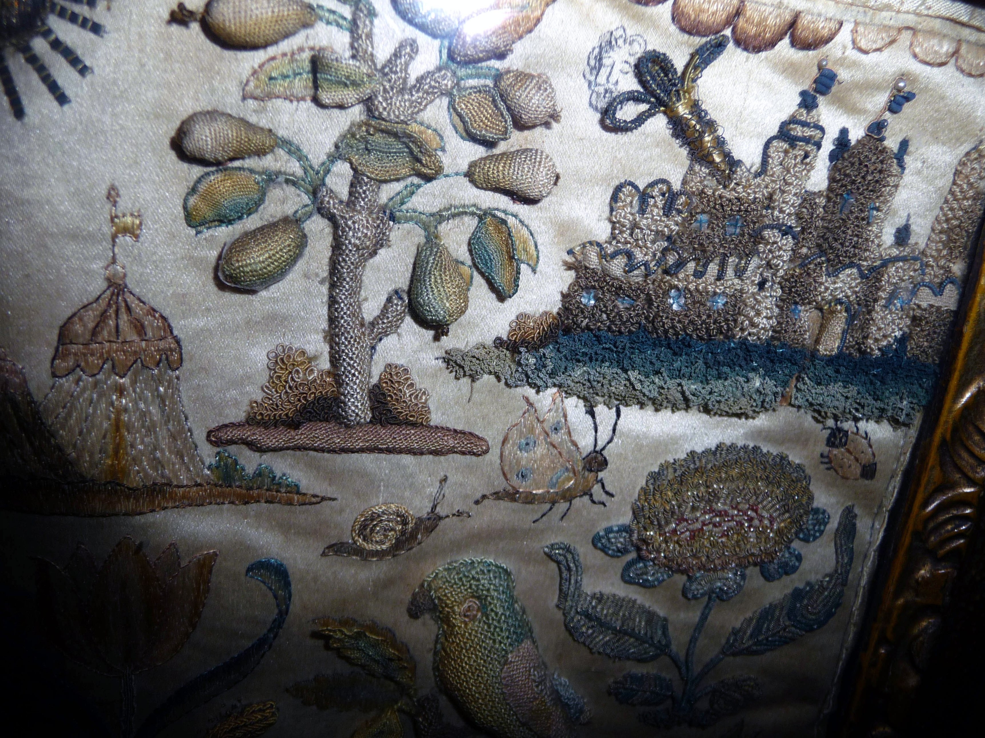 detail of silk & raised work picture, Abraham expelling Hagar & Ishmael 1650-1700