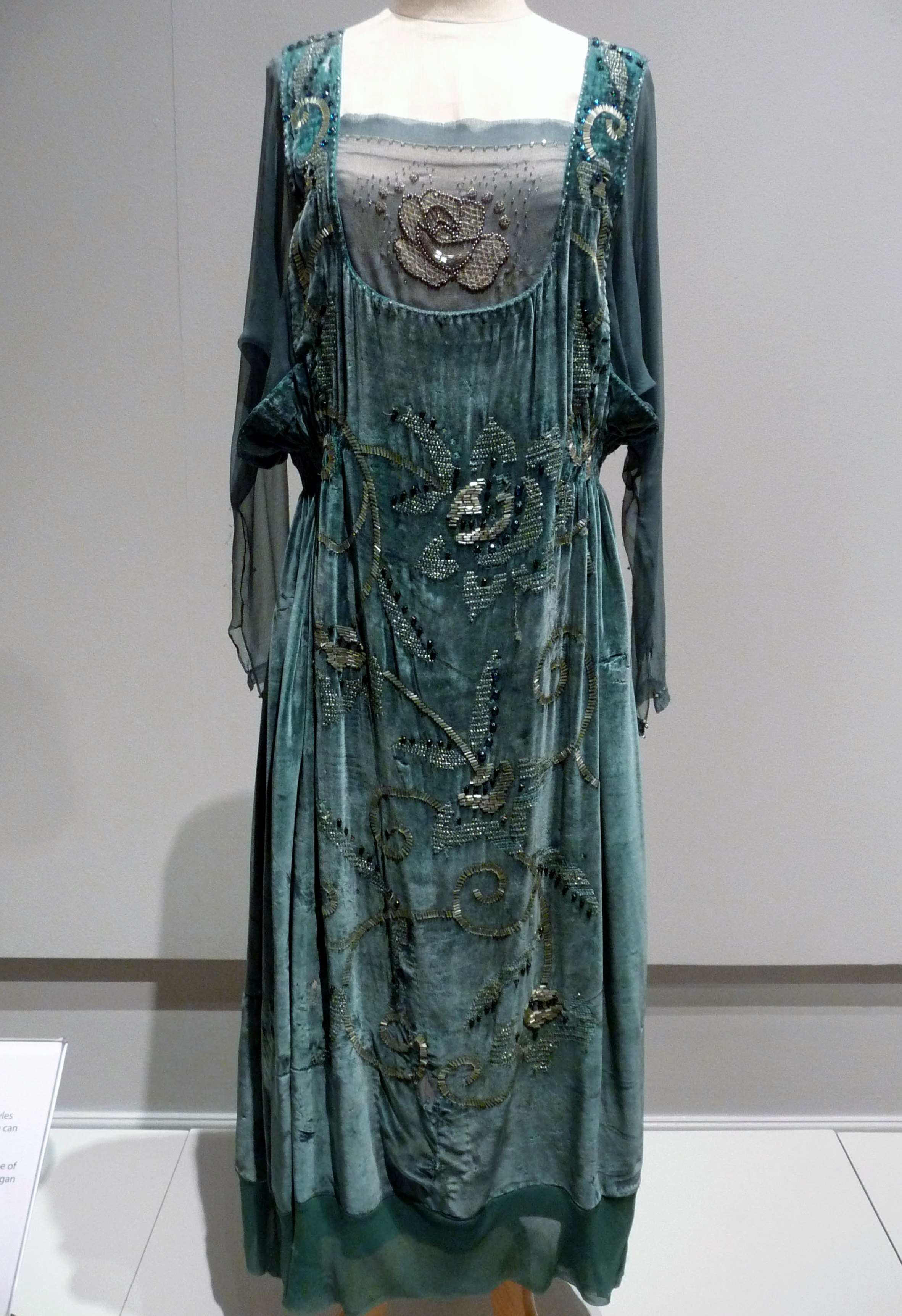 EVENING DRESS, silk with velvet and chiffon sleeves, aquired by Cosprop, made in early 1920's. Worn by Zoe Boyle as Lavinia Swire in Downton Abbey.