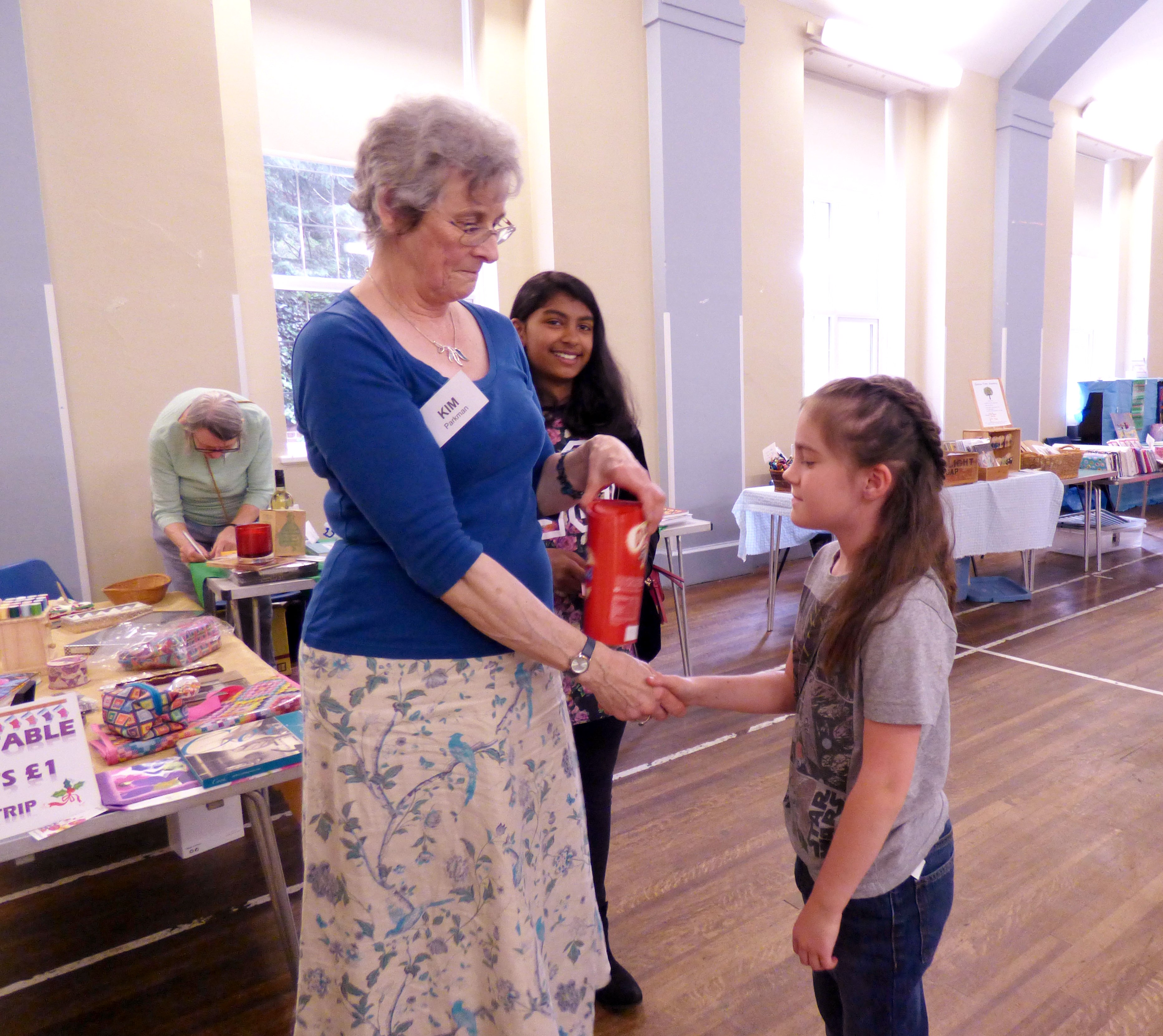 Marla receiving a prize for her YE cushion embroidery at MEG Summer Tea Party 2017