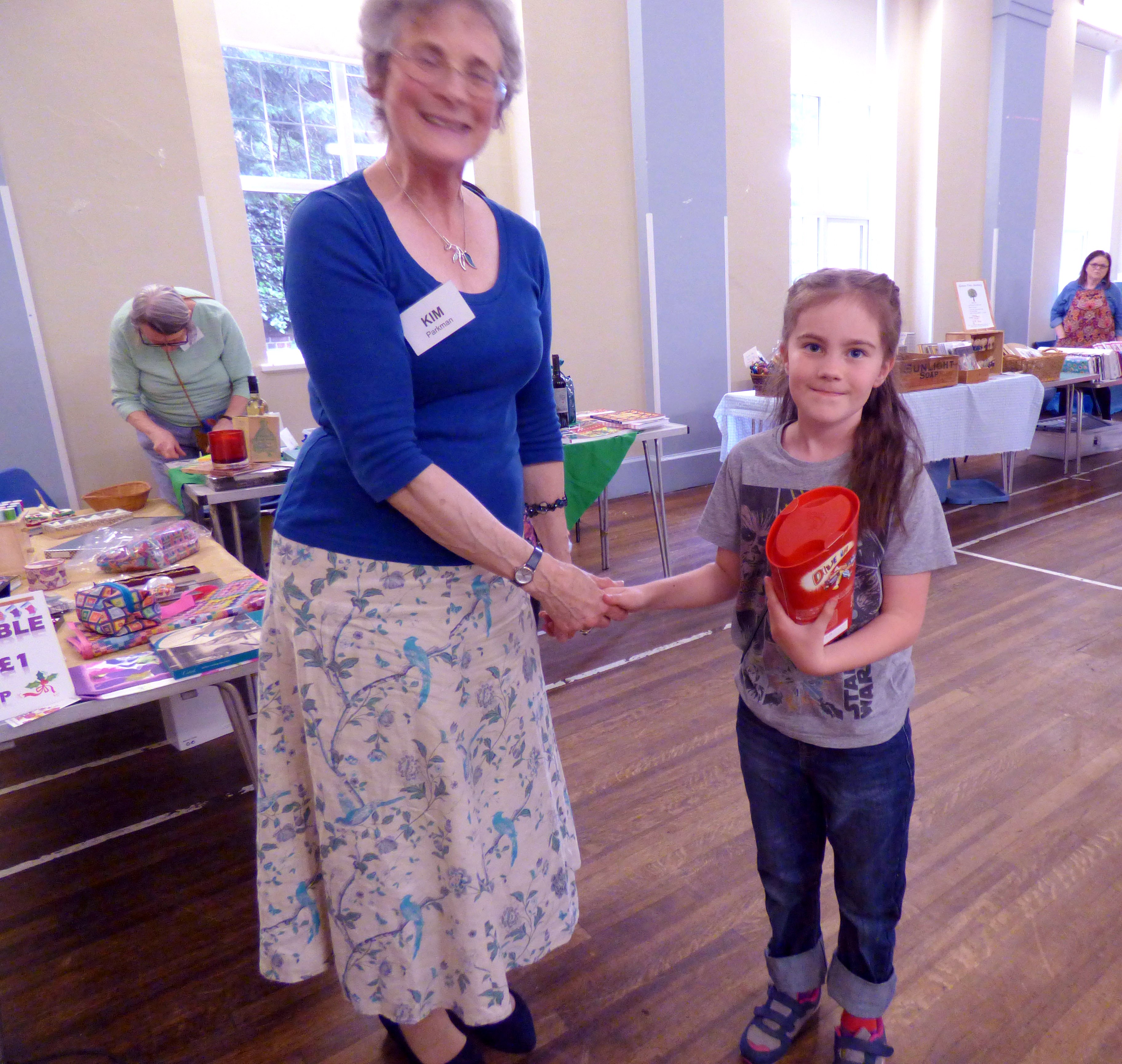 Marla receiving a prize for her YE cushion embroidery at MEG Summer Tea Party 2017
