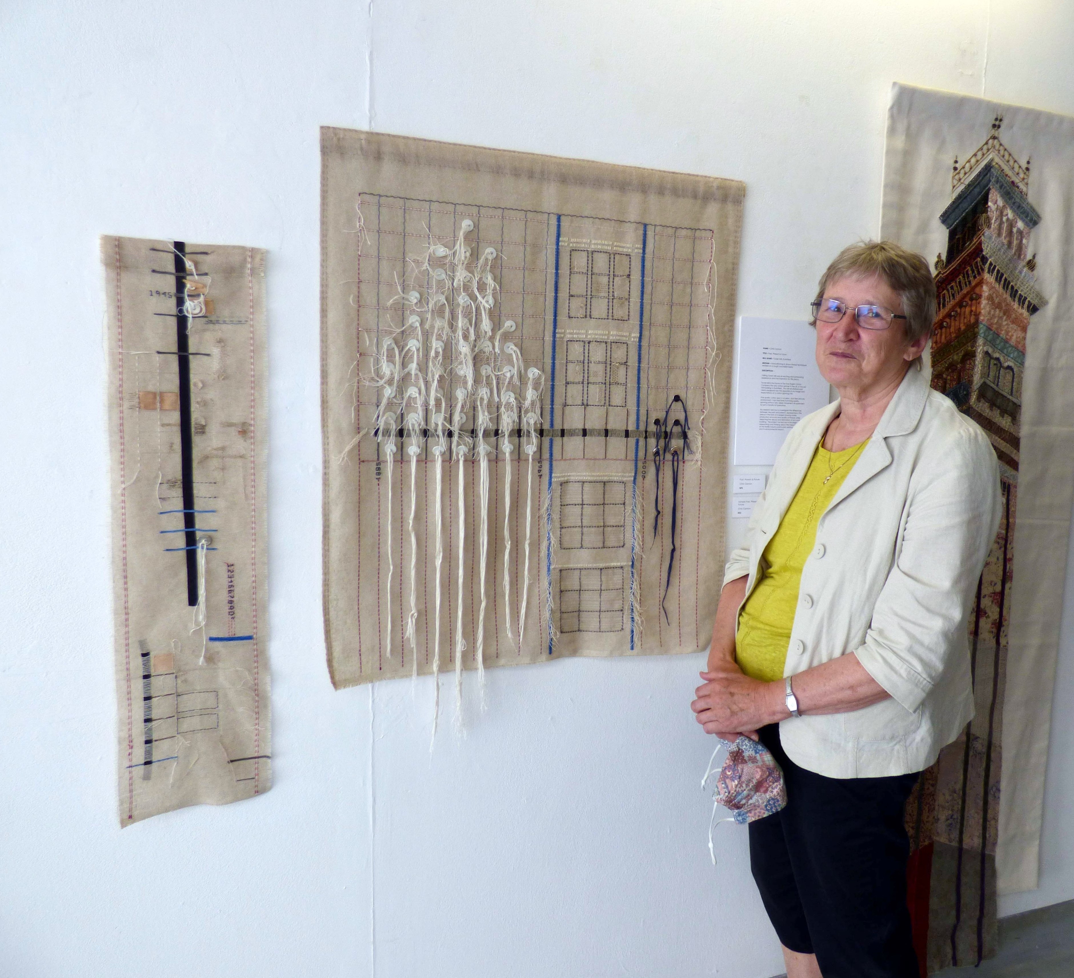 PAST, PRESENT AND FUTURE, Tower Mill, Duckinfield by Chris Cannon, hand stitching & drawn thread techniques worked on a rough countable surface, "Synergy" exhibition by Preston Threads, July 2021