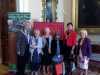 Liverpool Lord Mayor Roz Gladden with Lord Mayor's Consort Roy Gladden and Taslima. a textile artist from Manchester who has a large collection of kanthas, at Threading Dreams exhibition 2016 in Liverpool Town Hall