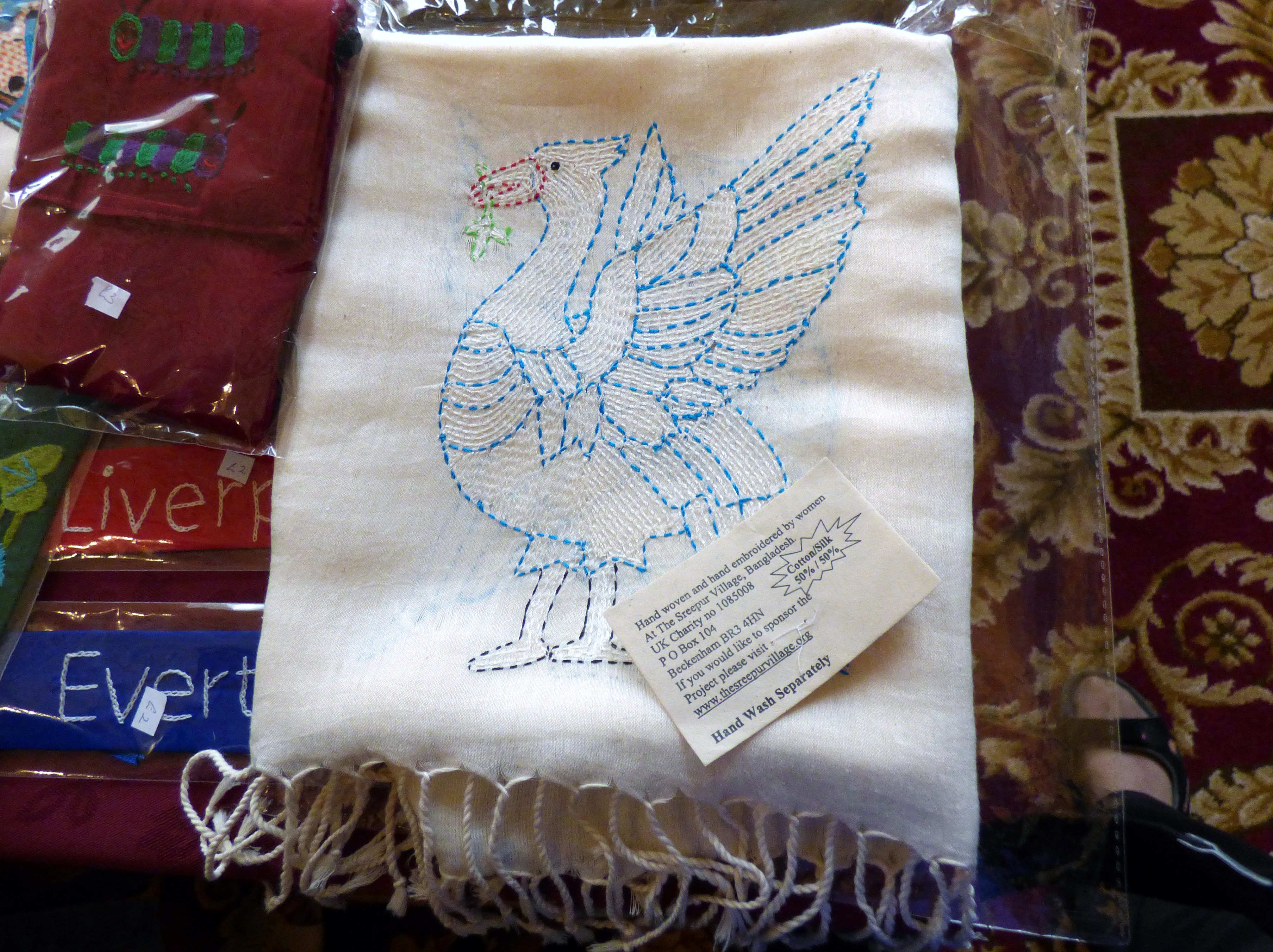 new design liver bird scarf at "Threading Dreams" exhibition at Liverpool Town Hall, August 2016