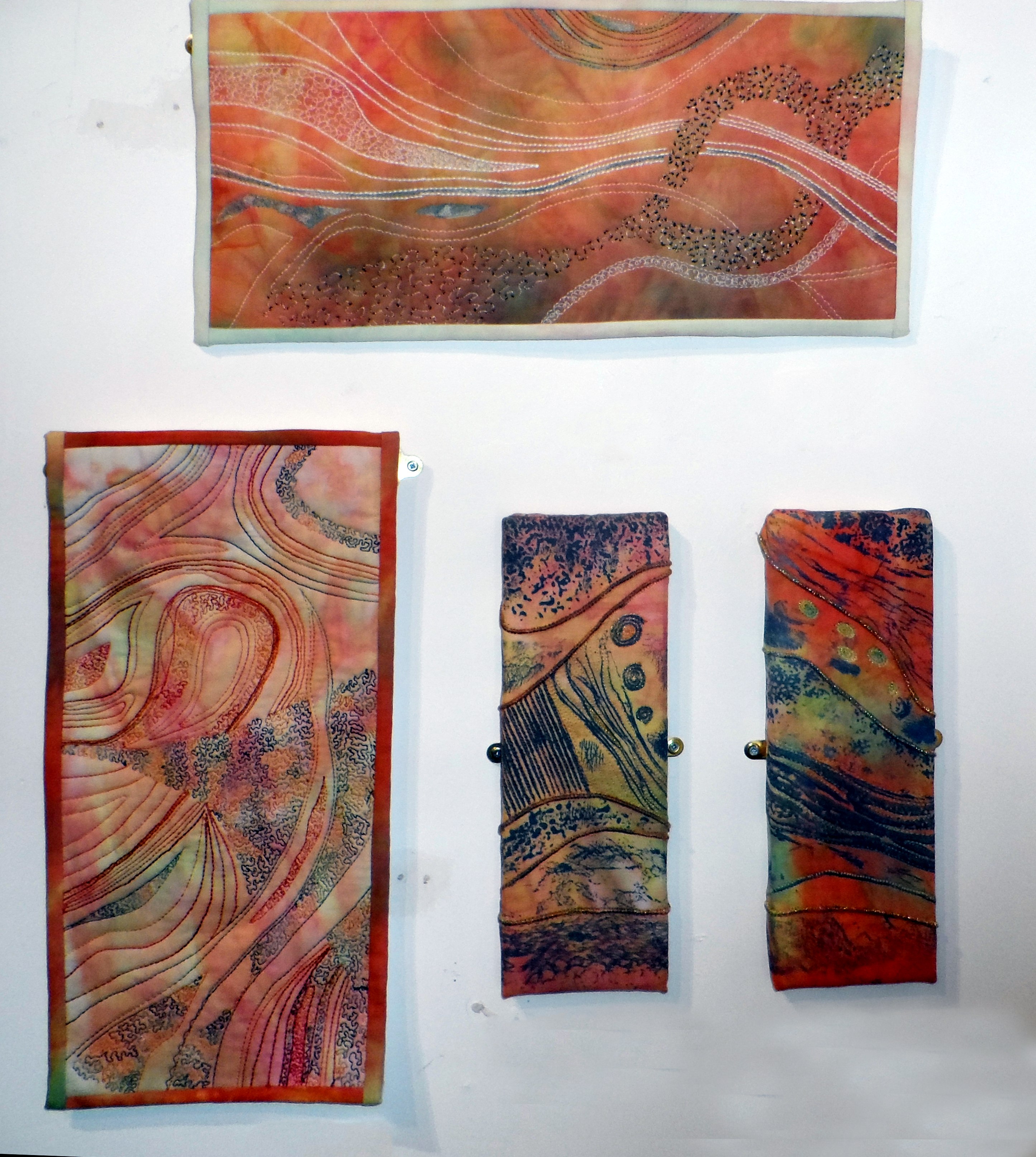FOLLOW THE THREAD, TANGLED THREADS, RED ROCKS 1, RED ROCKS 2 by Mary Bryning, Re-View Textile Group, Frodsham 2019