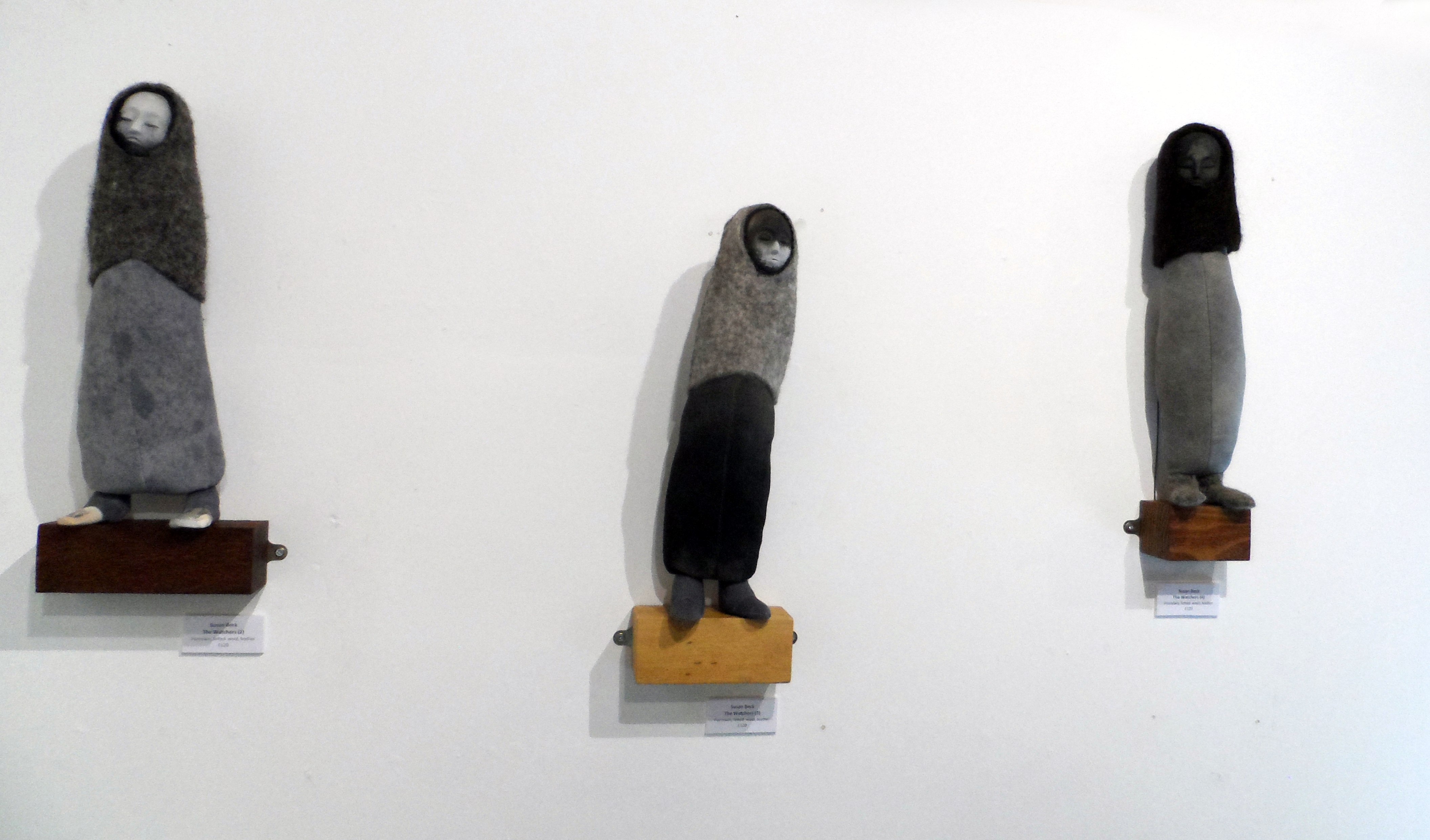 THE WATCHERS 1,2,3 by Susan Beck, porcelain, felted wool, leather, Re-View Textile Group, Frodsham 2019
