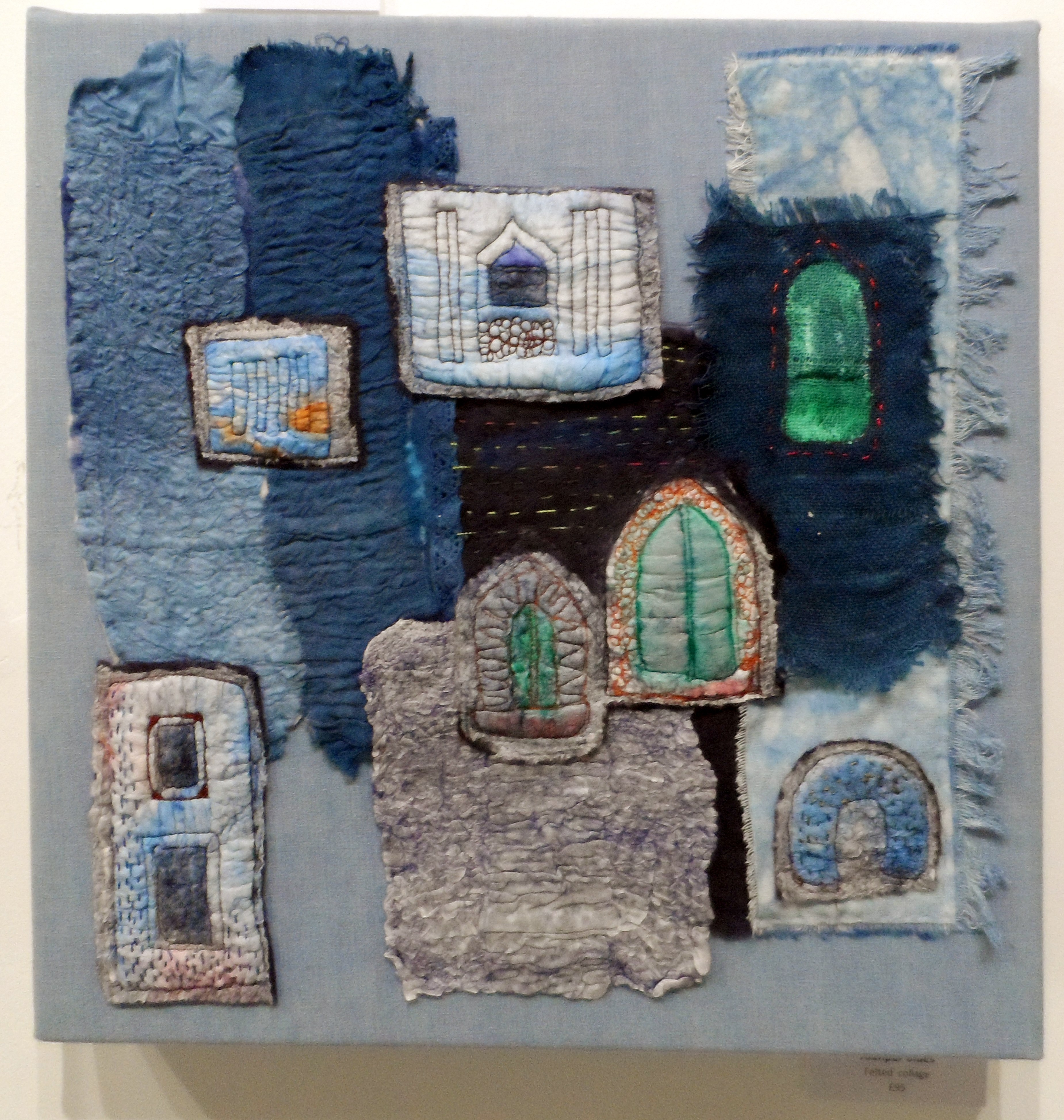 JODHPUR BLUES by Rosey Paul, felted collage, Re-View Textile Group, Frodsham 2019
