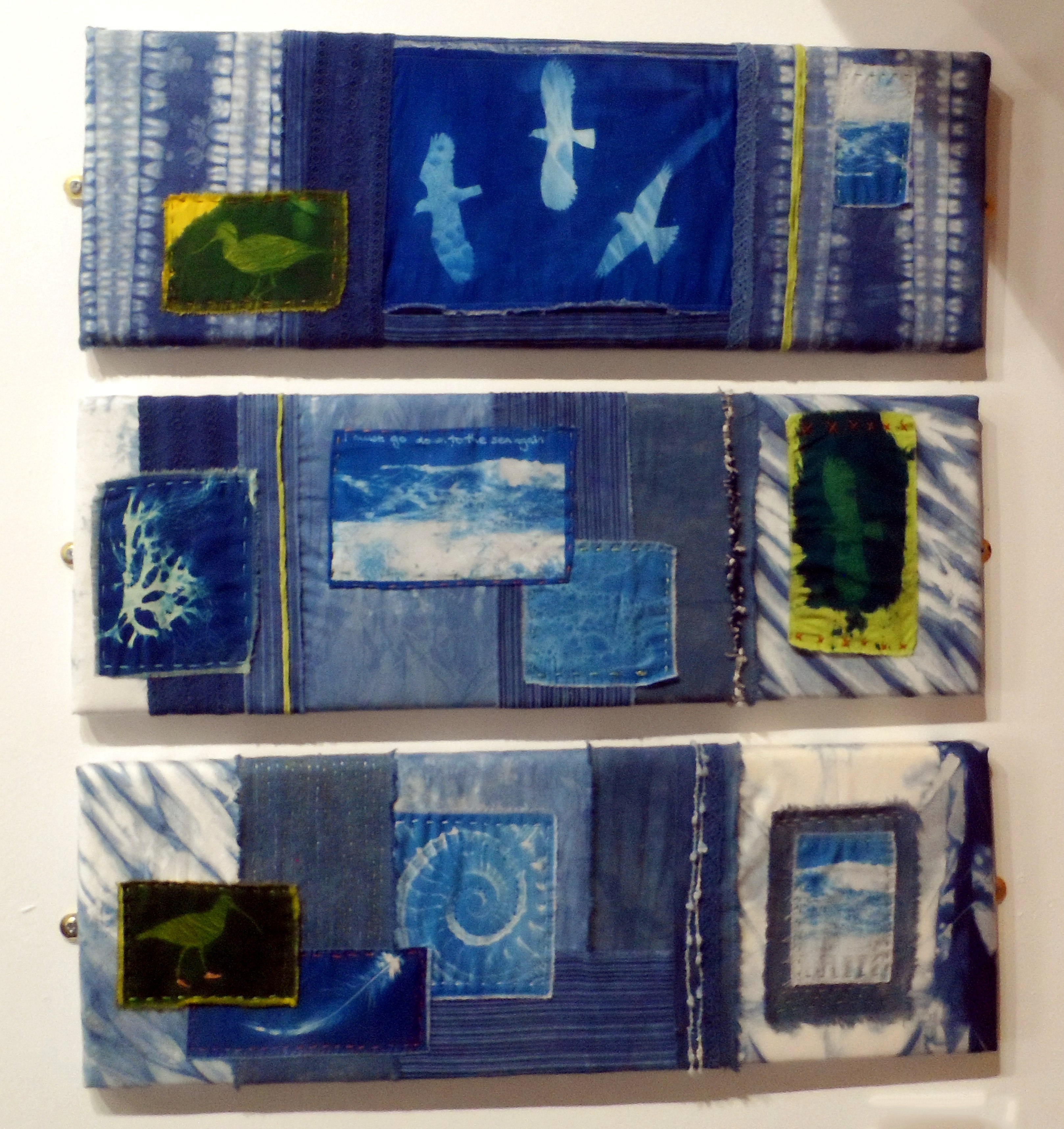 ALL THAT IS BLUE (TRIPTYCH) by Rosey Paul, indigo dye & cyanotype collage, Re-View Textile Group, Frodsham 2019