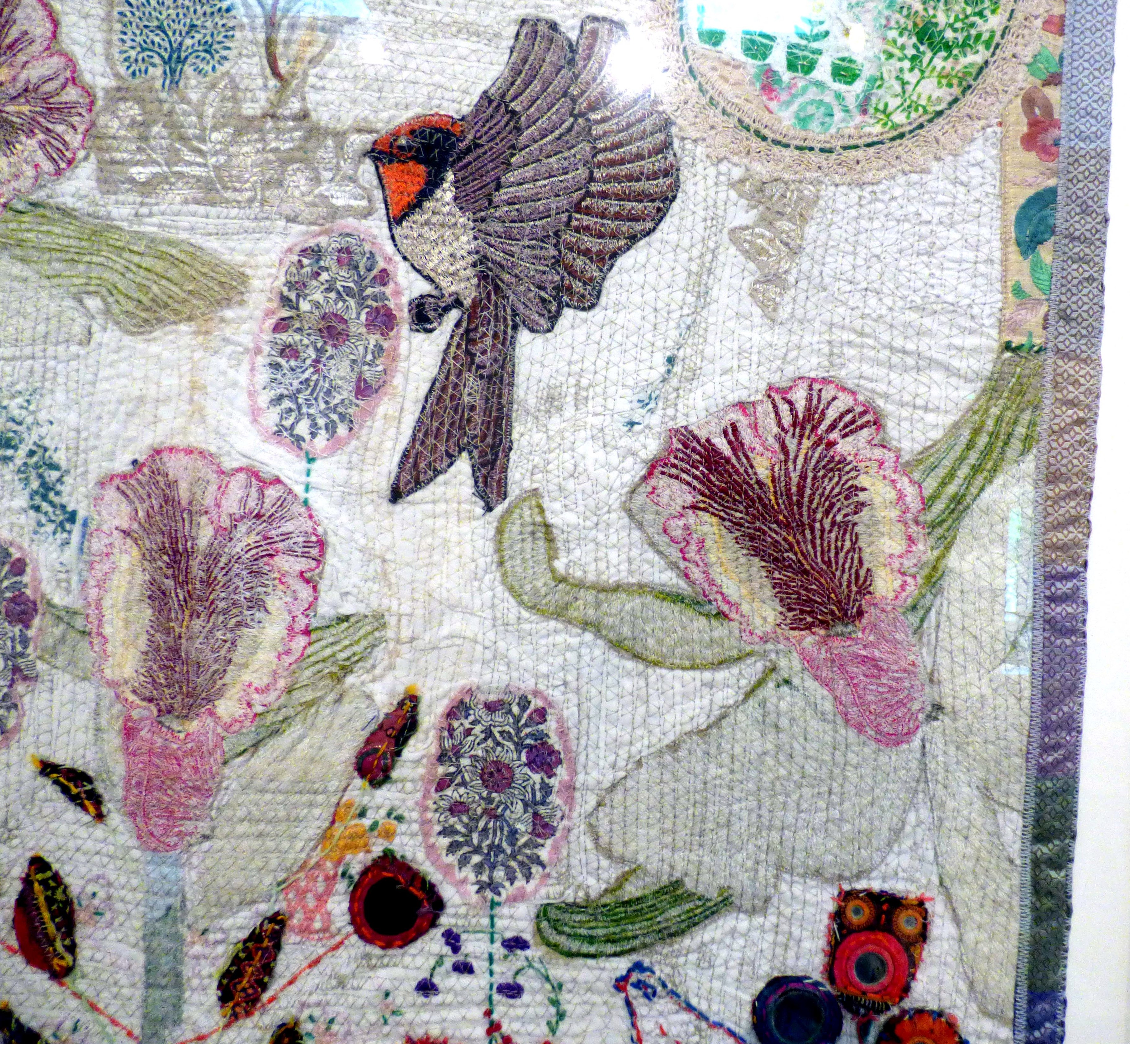 (detail) MAHARINI Gardens, mixed media textiles by Anne Kelly, Ruthin Craft Gallery, July 2021