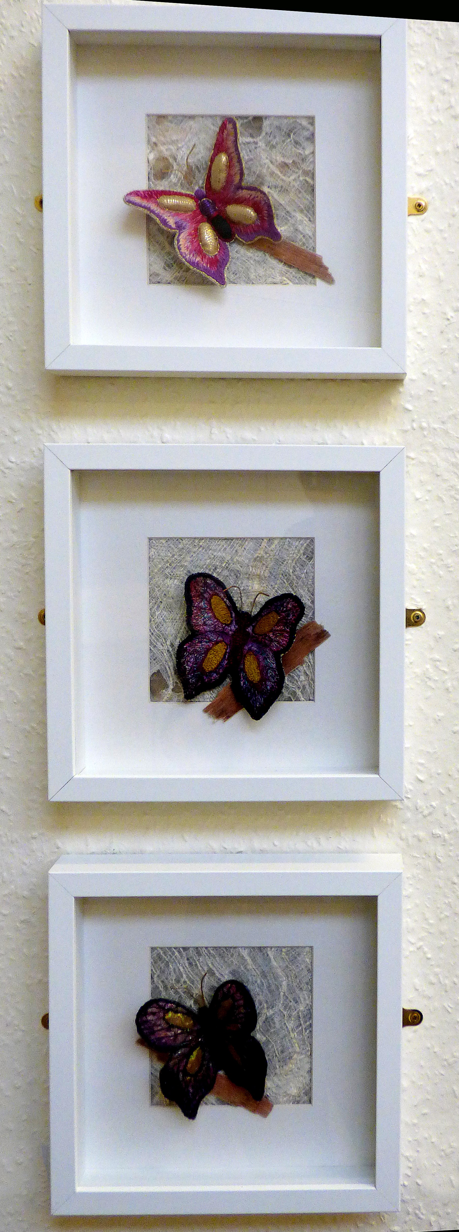 3 BUTTERFLIES by Claire Danks, 3 small square hand stitched pieces