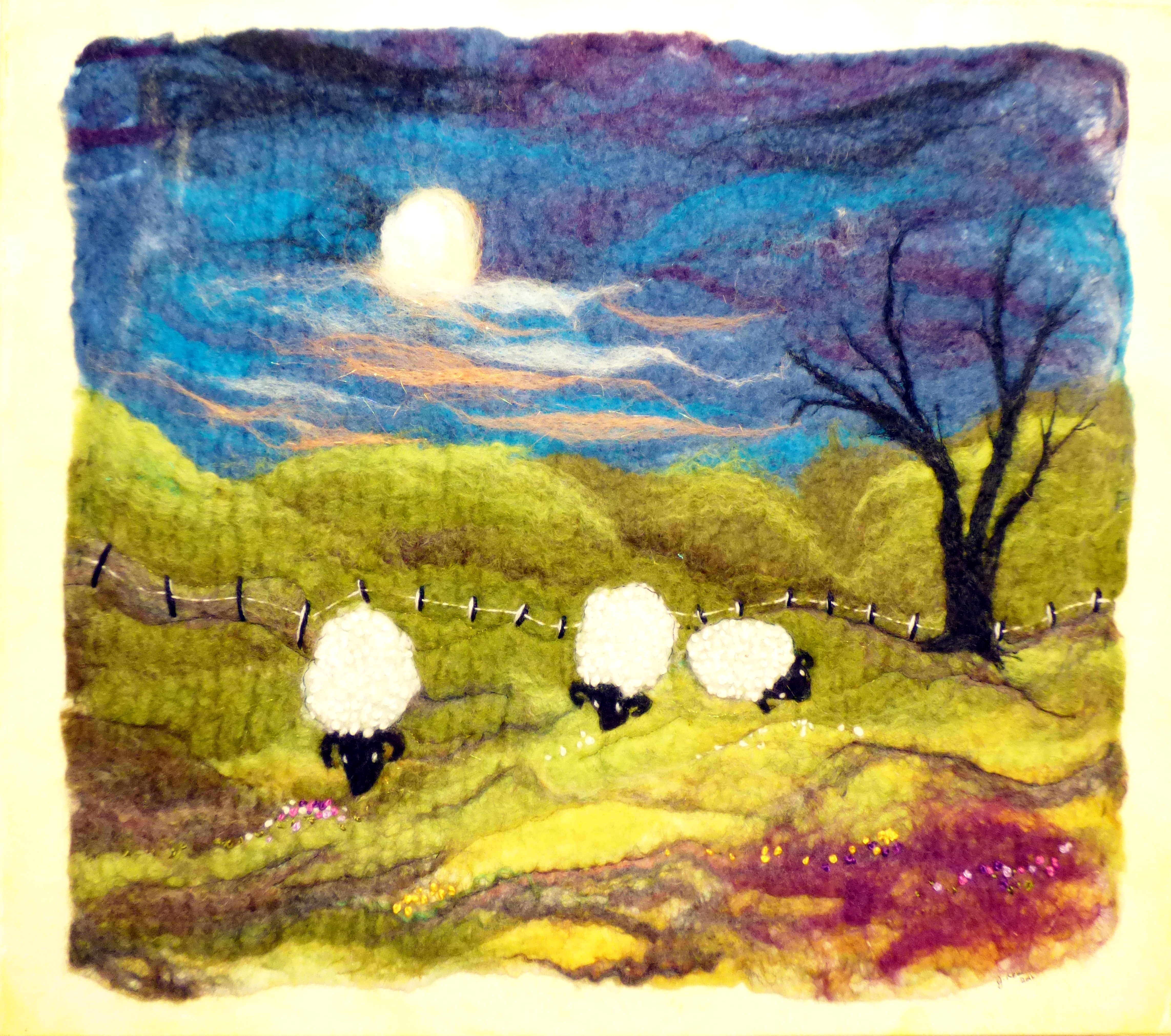 MOONLIGHT GRAZING by Janet Lewis, wet & needle felting, hand and machine embroidery
