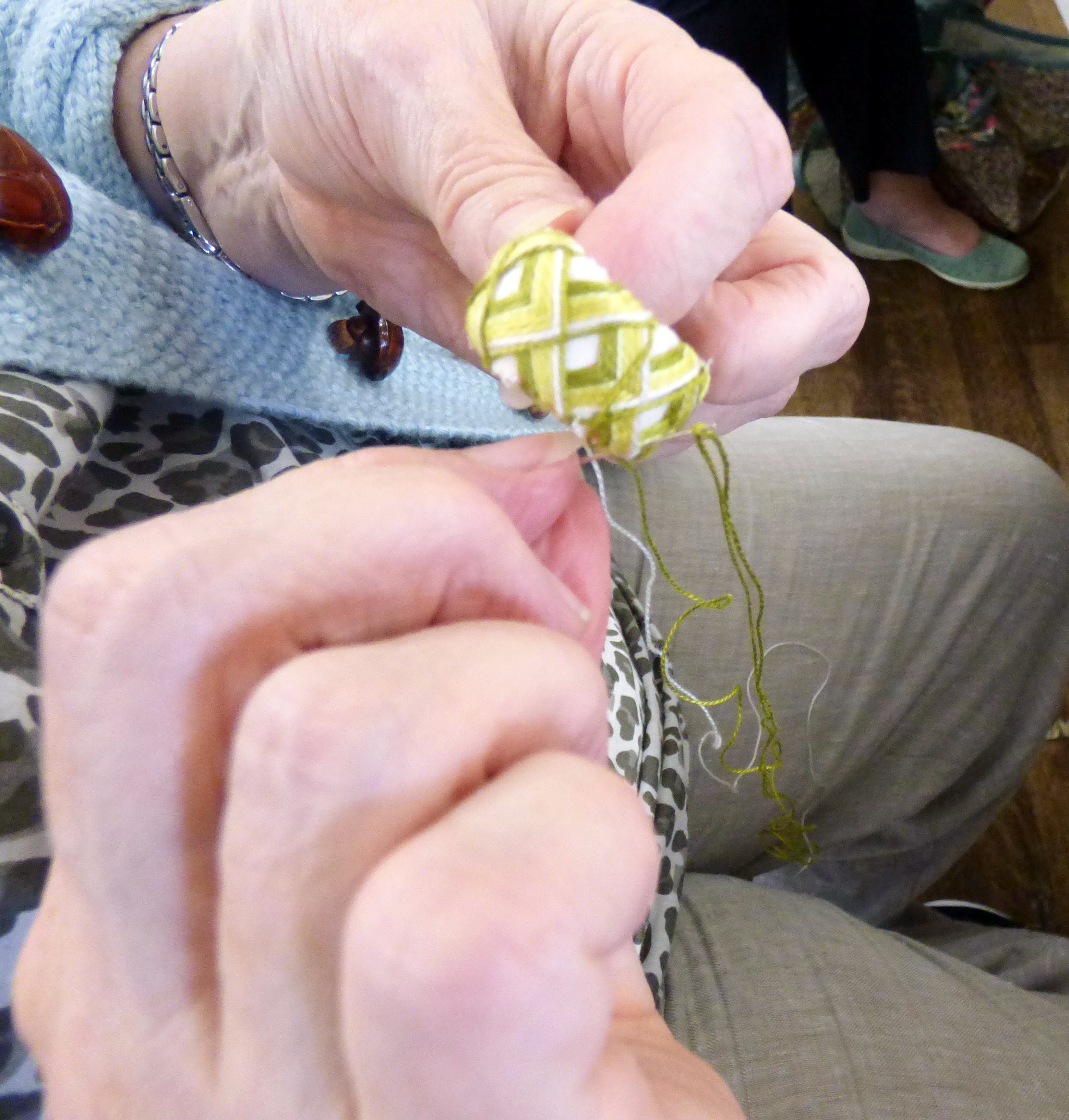 stitching nearing completion at Kathryn Thompson's "Japanese Thimbles" workshop
