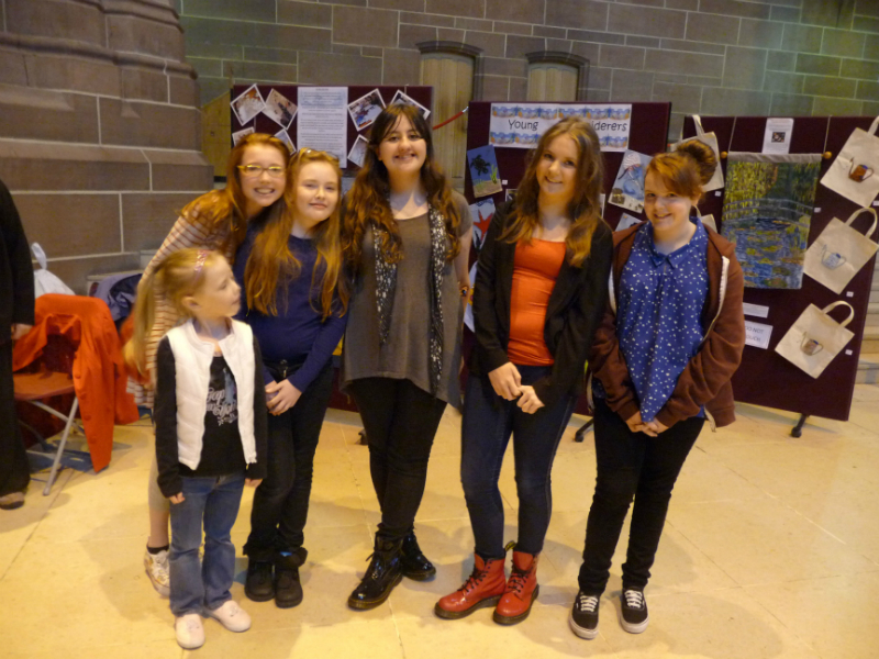 Some of the Merseyside Young Embroiderers in front of their display of embroidery in Liverpool Anglican Cathedral, June 2012