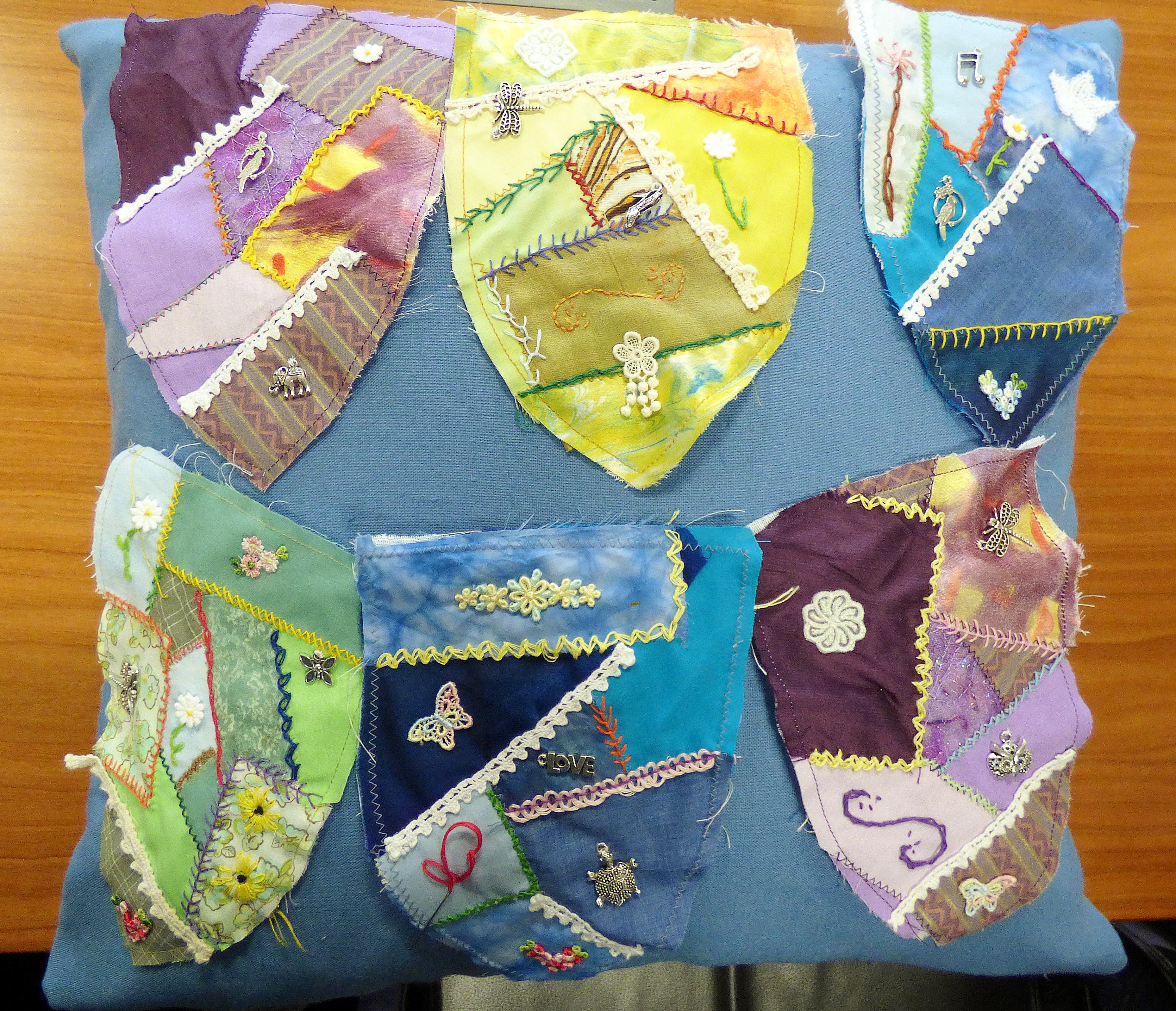 these are some of the crazy patchwork bag fronts we made at YE group, Nov 2016