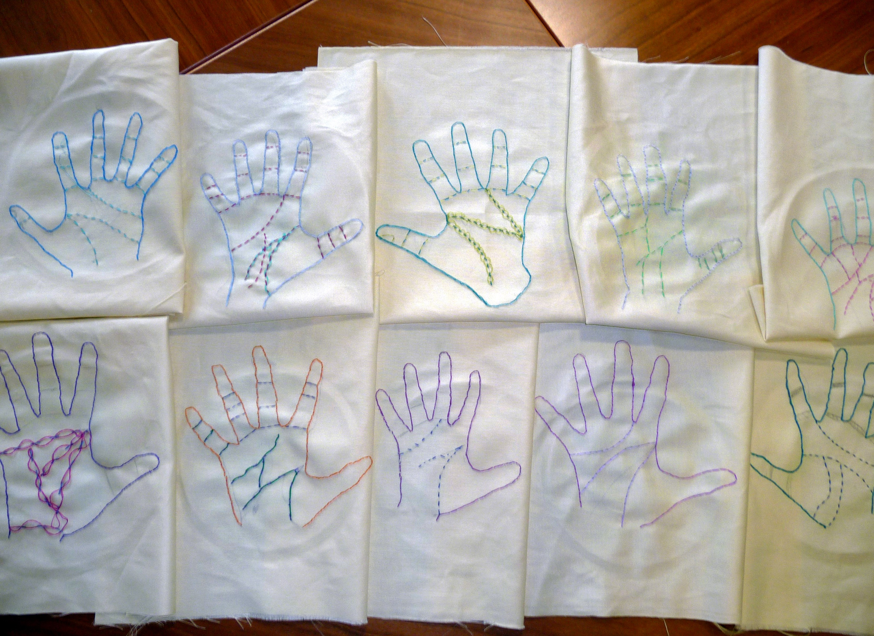 Merseyside YE embroidered *fortune telling hands" this month. This is a display of all our embroideries at te end of the day