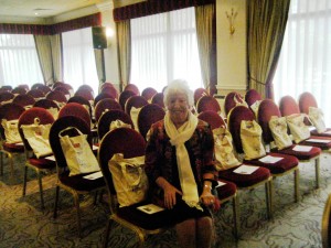 Ruby Porter MBE with cotton "goodie bags" made in Sreepur and given out at NW  Regional Day 2014