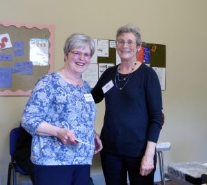Hilary McCormack, winner of Visitors Vote prize for 60 Glorious Years exhibition 2016, with MEG Chair Kim Parkman