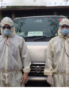 drivers wearing protective clothing ready to go out to buy provisions for Sreepur Refuge during lockdown, April 2020